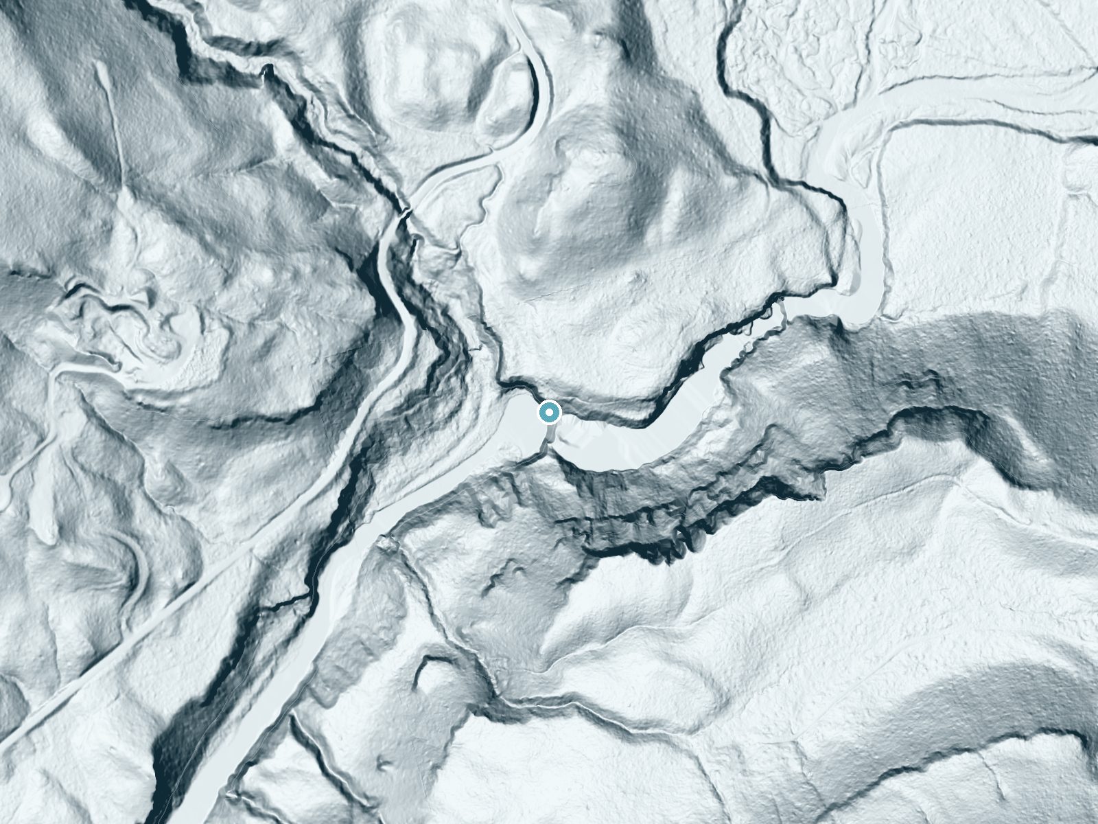 LiDAR bare-earth terrain around Upper Falls near Trout Lake, Washington, showing about 172 feet of drop, a steep tiered drop, facing southwest
