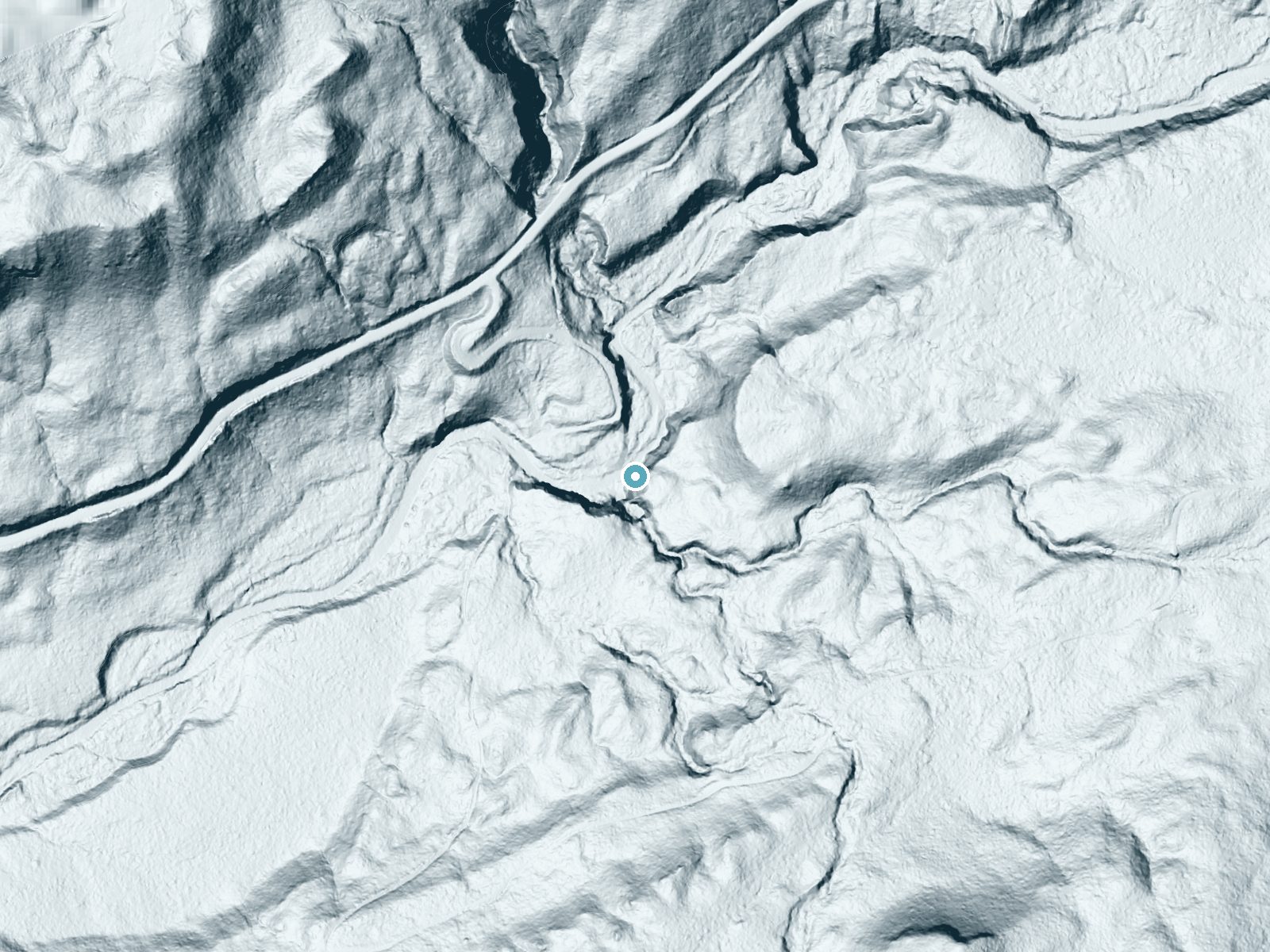 LiDAR bare-earth terrain around Twin Falls near Trout Lake, Washington, showing about 93 feet of drop, a steep tiered drop, facing northwest