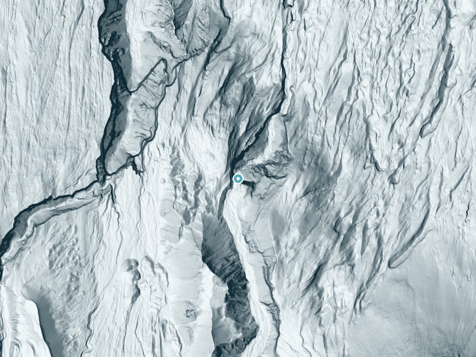LiDAR bare-earth terrain around Loowit Falls near Cougar, Washington, showing about 355 feet of drop, a single sheer drop, facing northeast