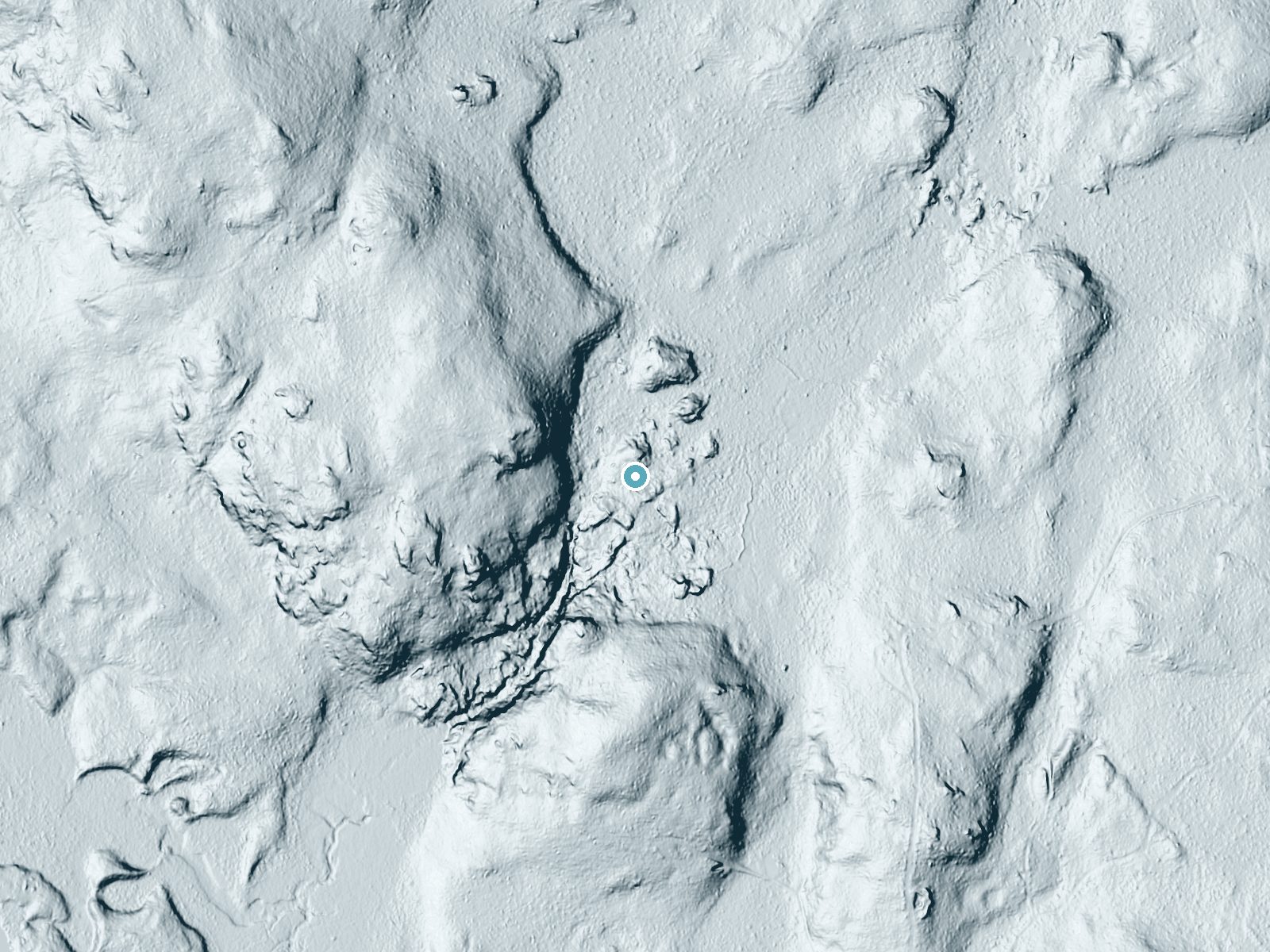 LiDAR bare-earth terrain around Margeson Falls near Amasa, Michigan, showing about 28 feet of drop, a long cascade, facing west