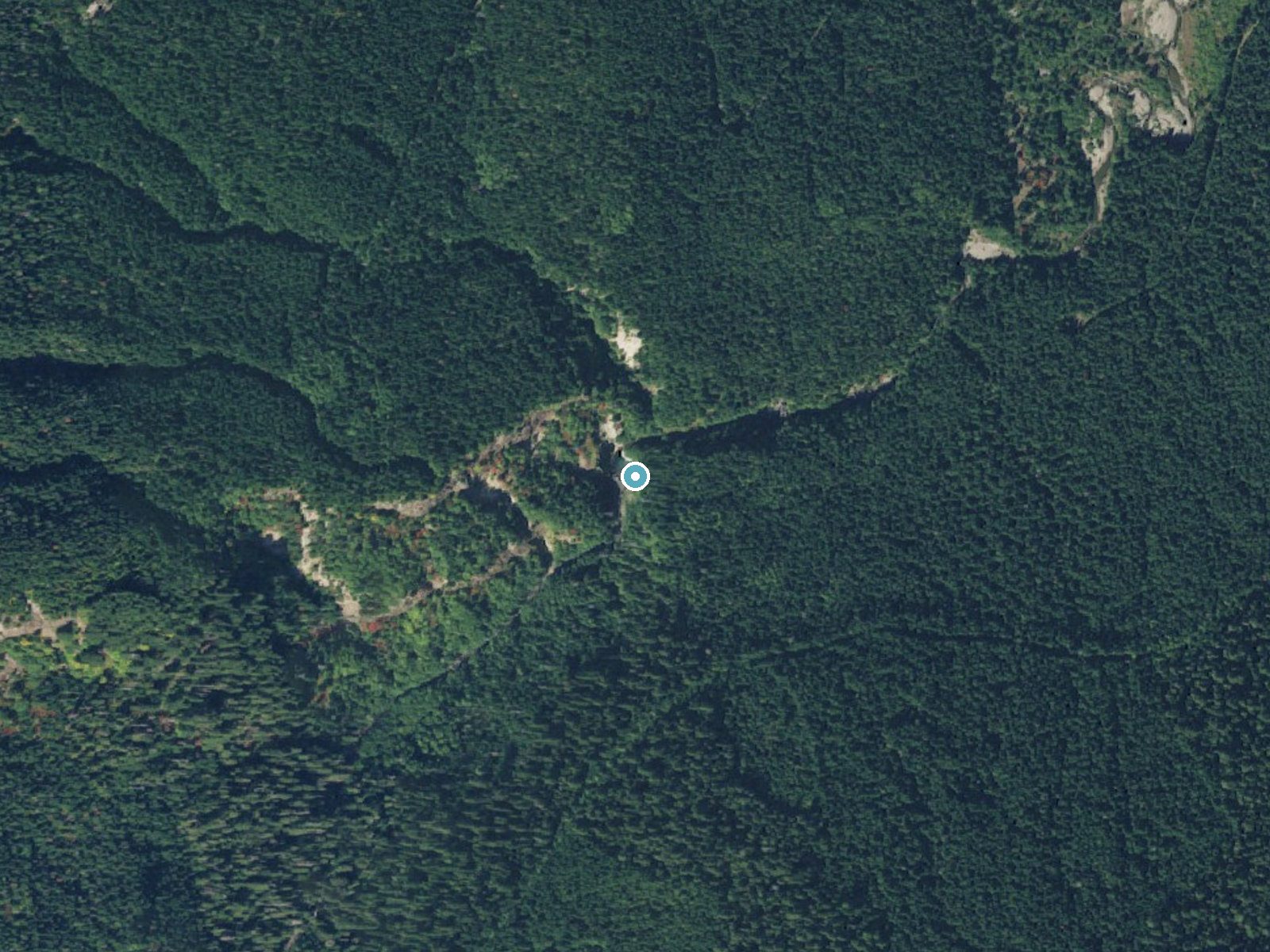 Aerial photo of the same ground around Paradise Falls near Cougar, Washington, for comparison with the lidar view