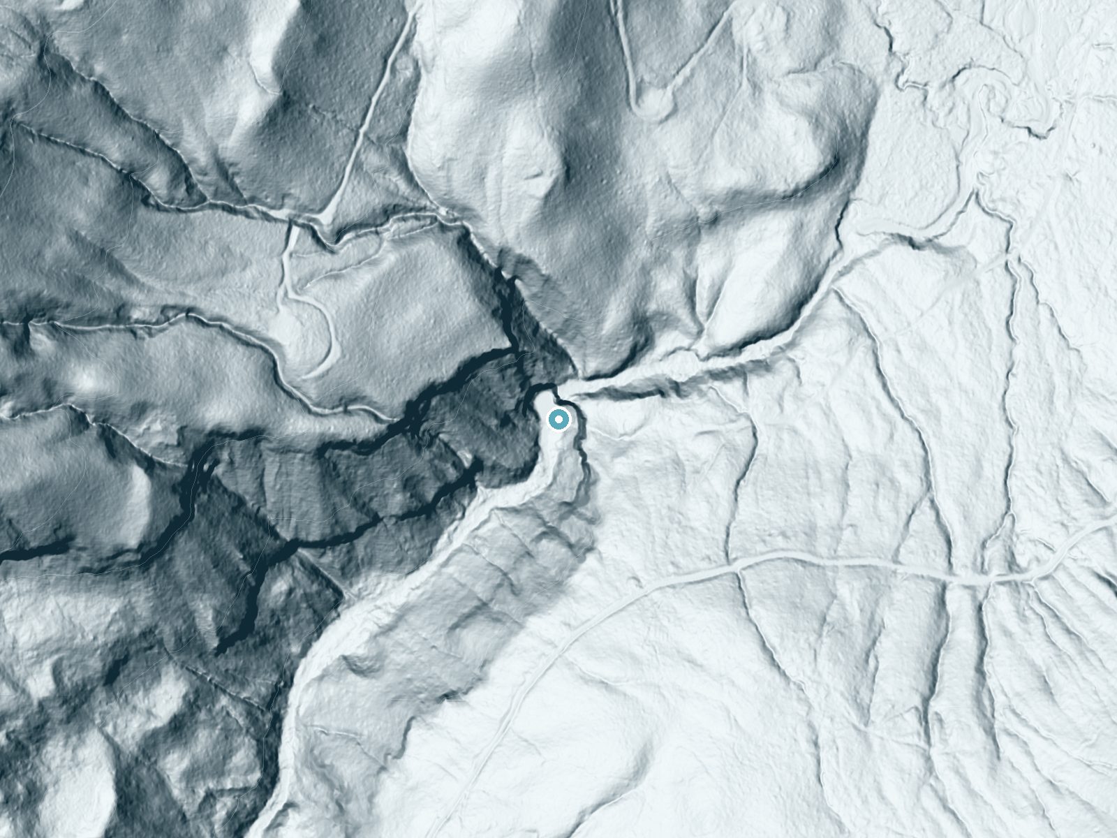 LiDAR bare-earth terrain around Paradise Falls near Cougar, Washington, showing about 217 feet of drop, a single sheer drop, facing southwest