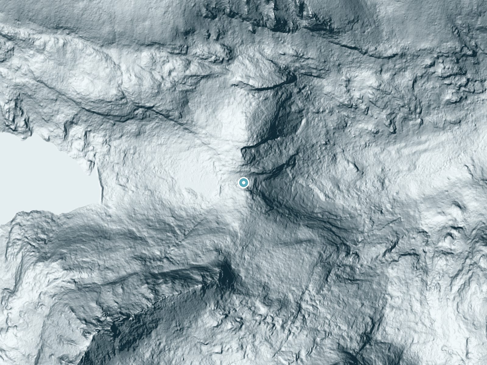 LiDAR bare-earth terrain around Canyon Falls near Hamilton, Montana, showing about 237 feet of drop, a steep tiered drop, facing east