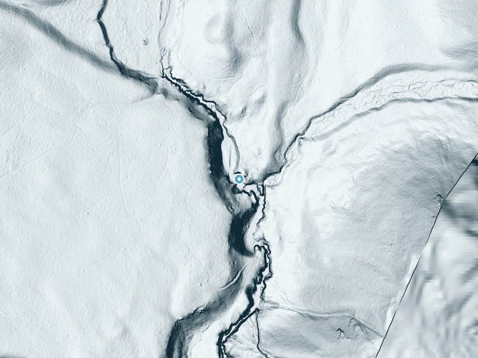 LiDAR bare-earth terrain around Castile Falls near Glenwood, Washington, showing about 121 feet of drop, a steep tiered drop, facing northeast