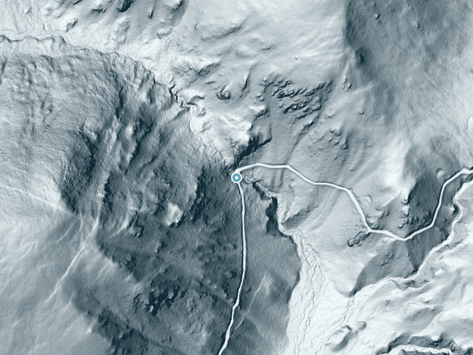LiDAR bare-earth terrain around Skalkaho Falls near Hamilton, Montana, showing about 285 feet of drop, a steep tiered drop, facing east