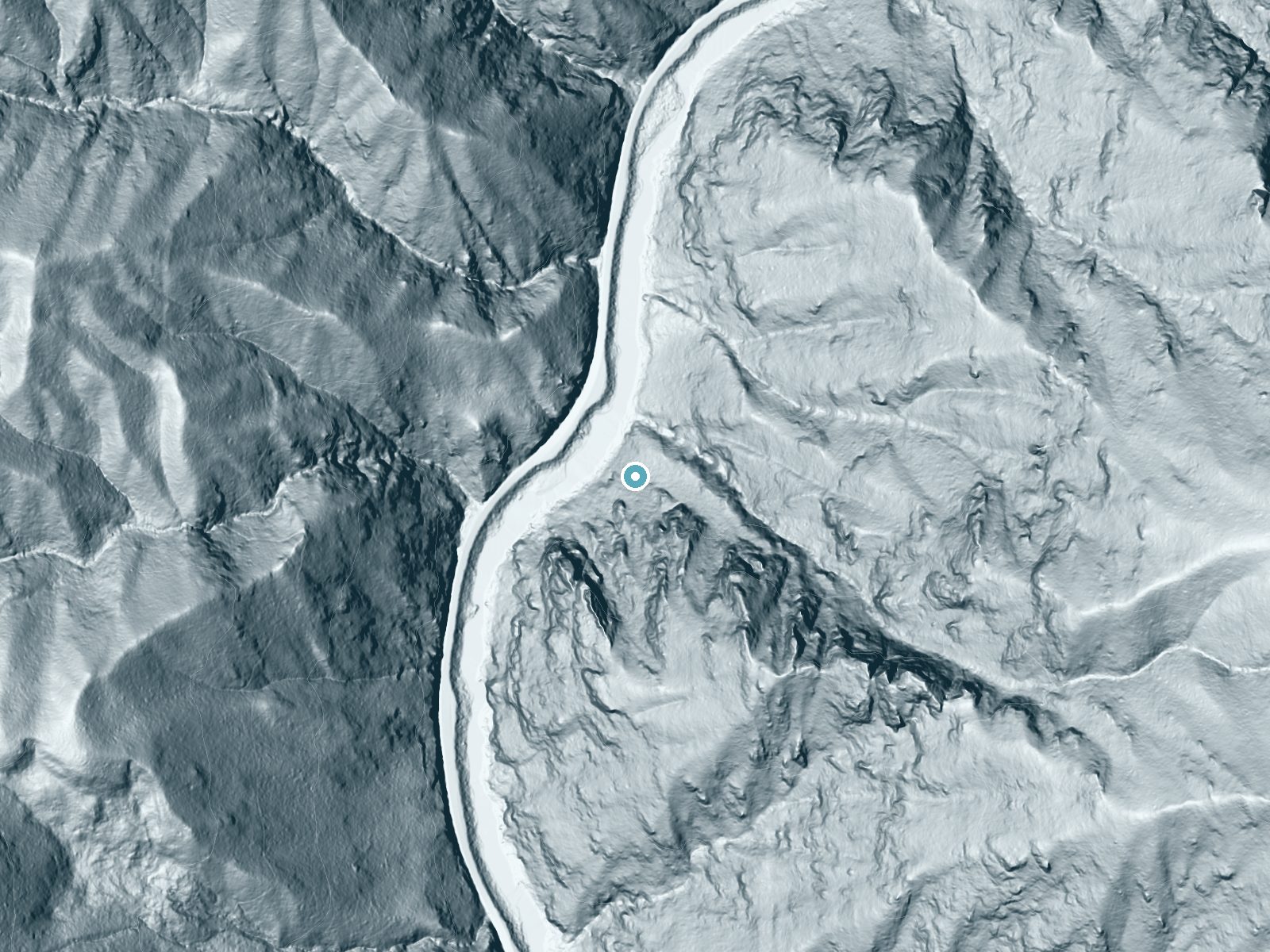 LiDAR bare-earth terrain around Shoestring Falls near Elk City, Idaho, showing about 408 feet of drop, a single sheer drop, facing northwest