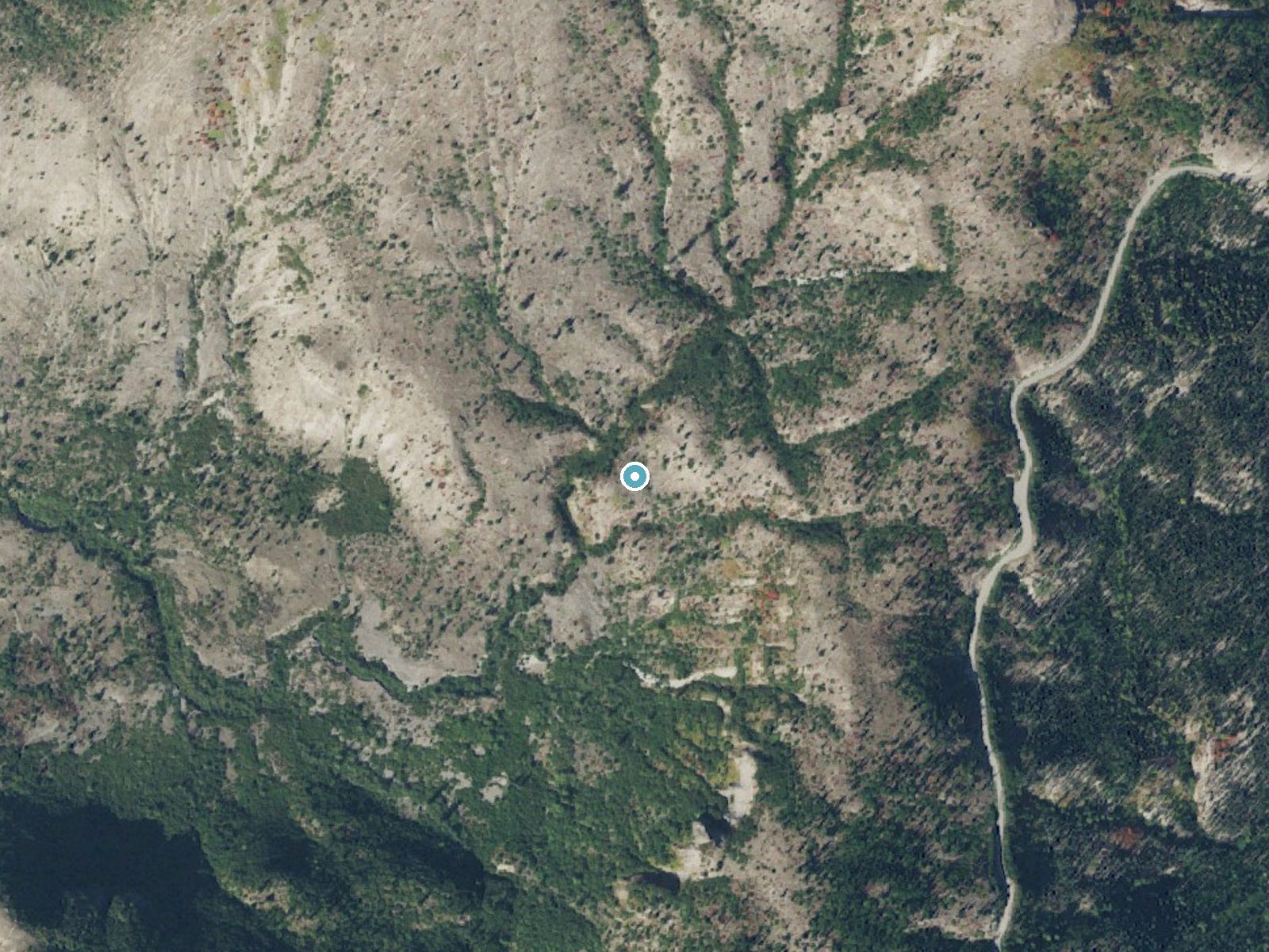 Aerial photo of the same ground around Harmony Falls near Cougar, Washington, for comparison with the lidar view