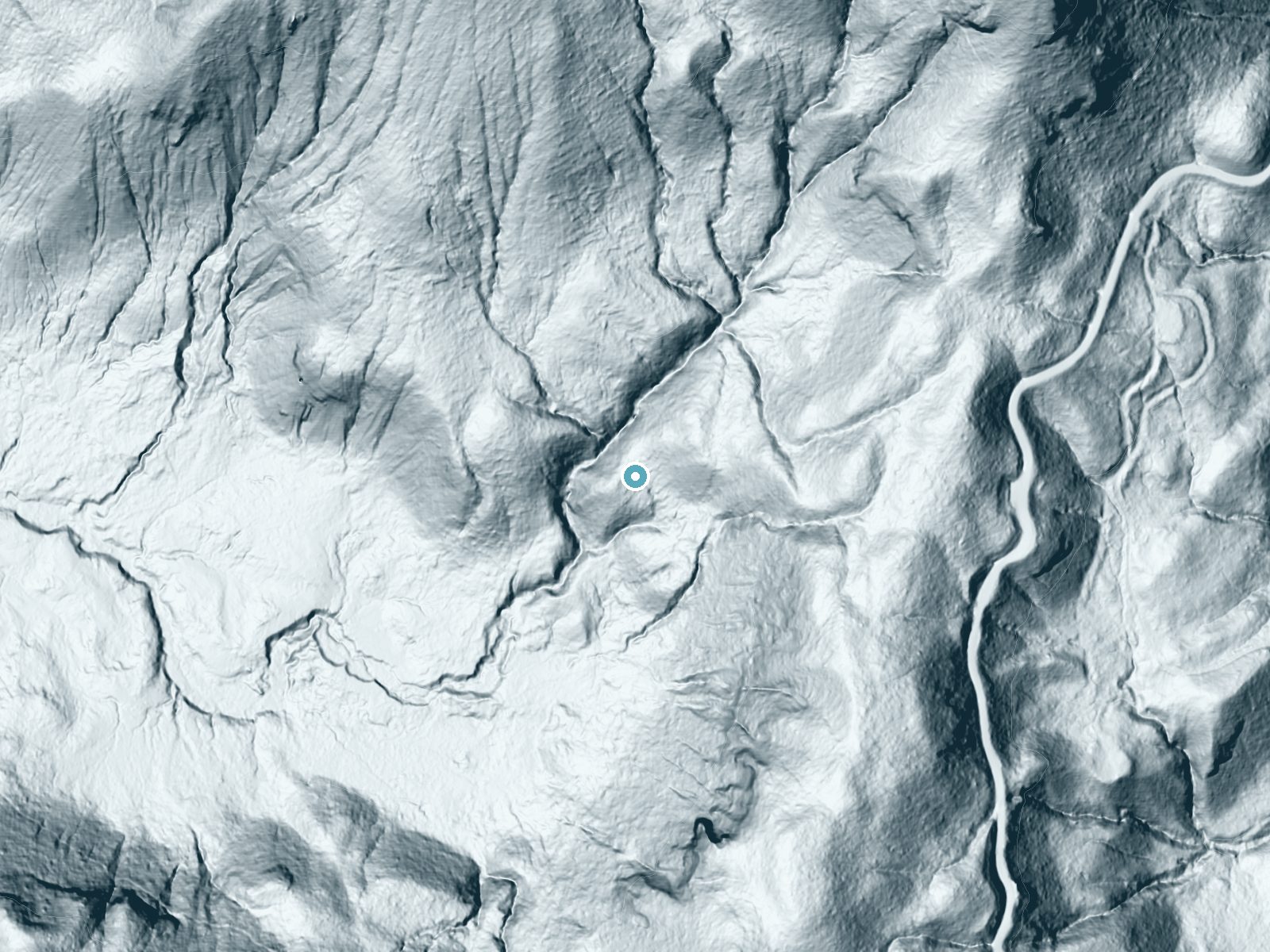 LiDAR bare-earth terrain around Harmony Falls near Cougar, Washington, showing about 178 feet of drop, a steep tiered drop, facing southwest