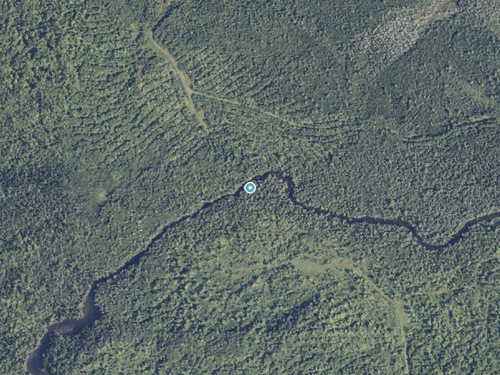Aerial photo of the same ground around Millinocket Falls near Patten, Maine, for comparison with the lidar view