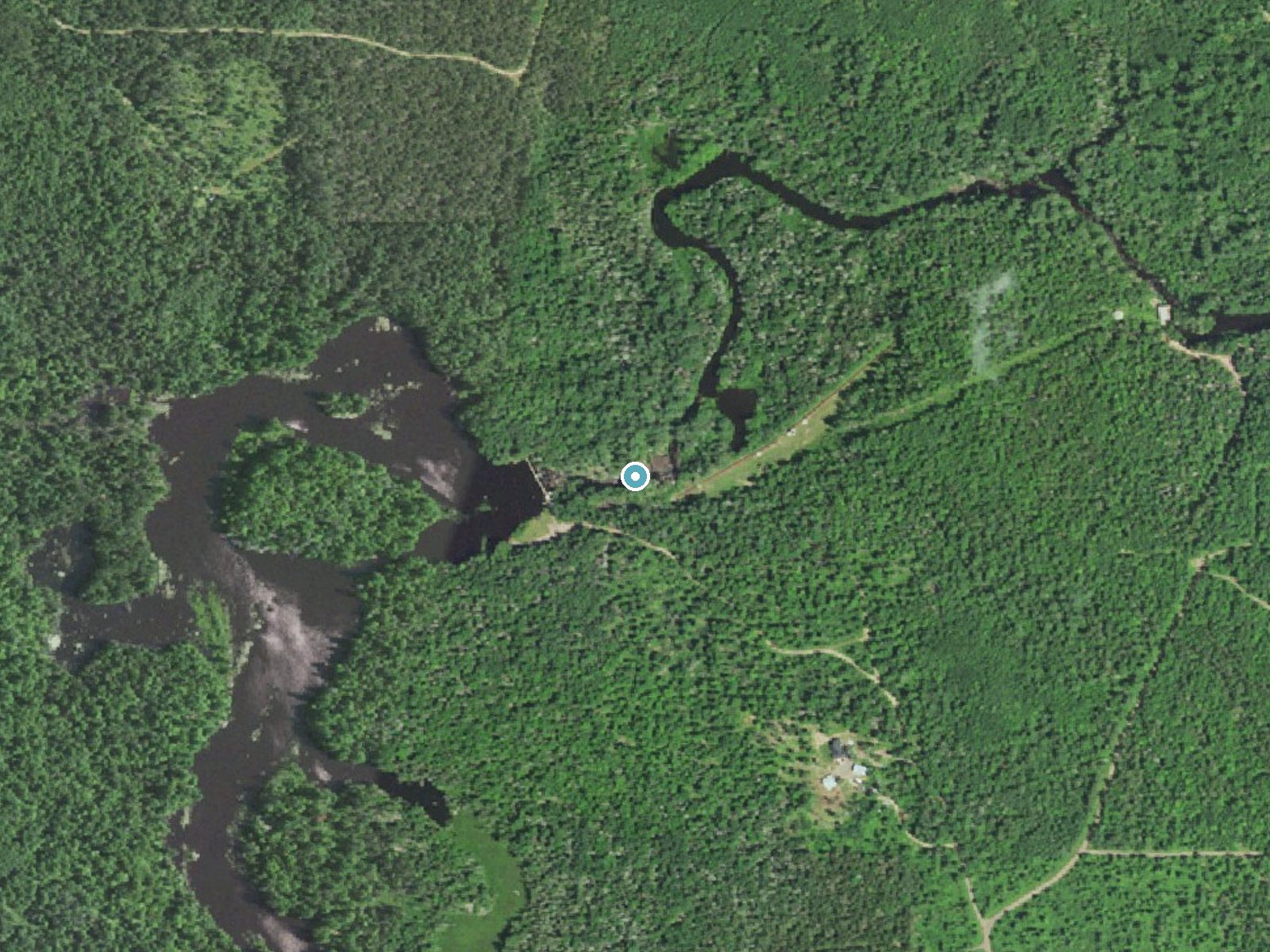 Aerial photo of the same ground around Cataract Dam Falls near Gwinn, Michigan, for comparison with the lidar view