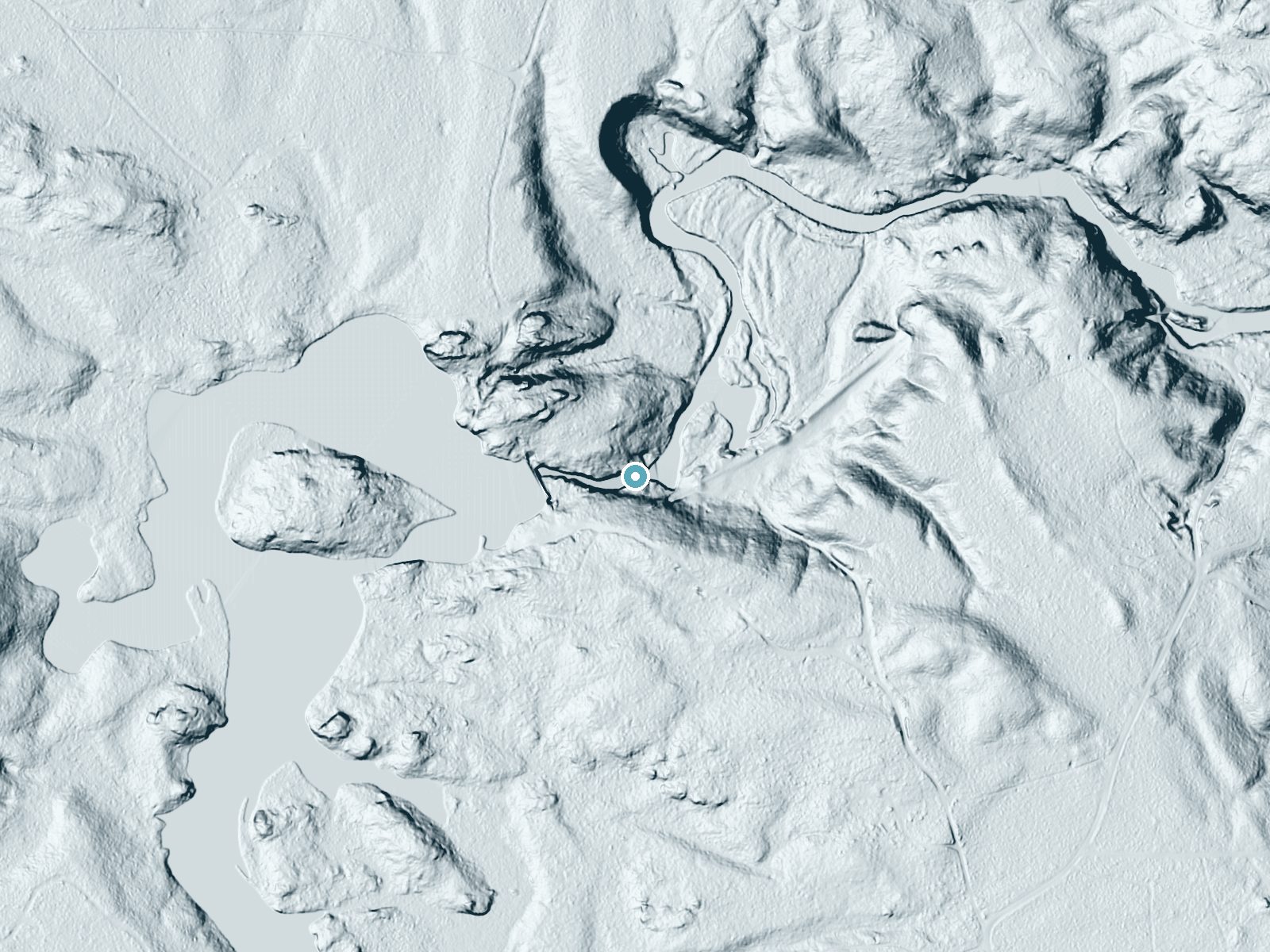 LiDAR bare-earth terrain around Cataract Dam Falls near Gwinn, Michigan, showing about 74 feet of drop, a long cascade, facing northeast