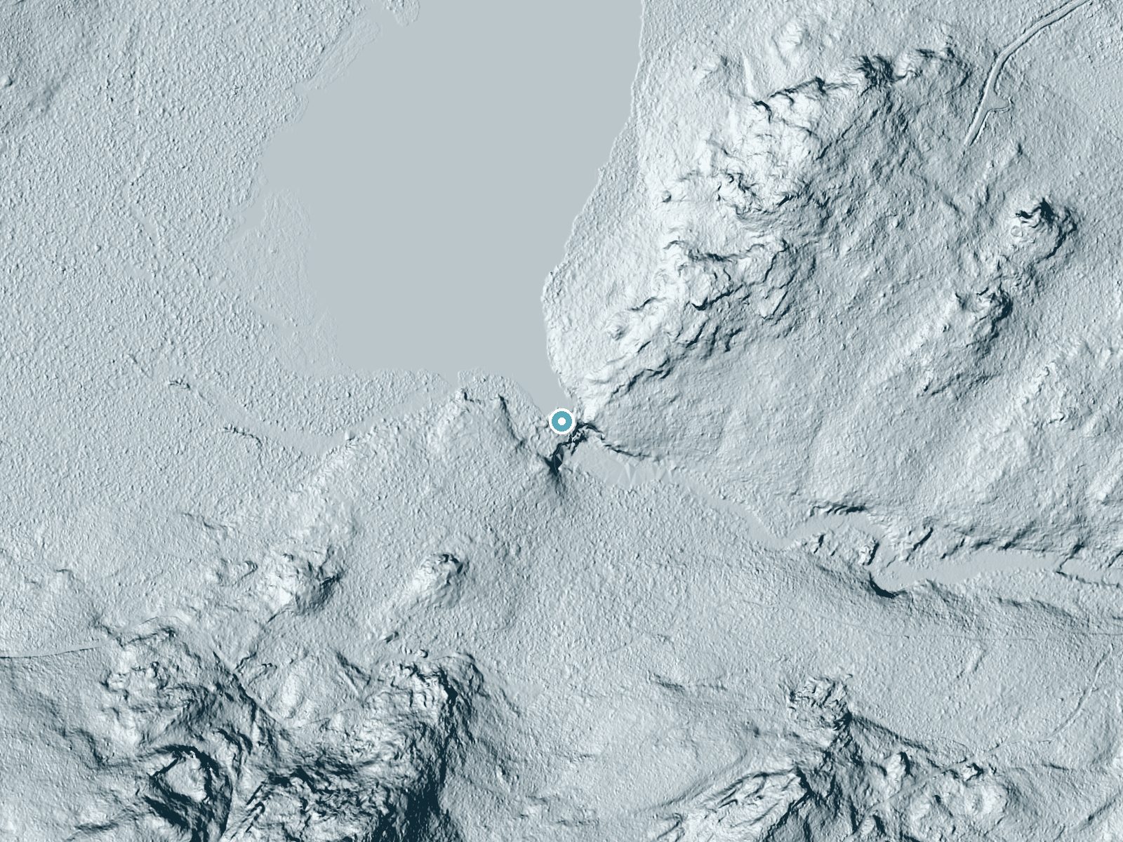 LiDAR bare-earth terrain around Little Allagash Falls near Patten, Maine, showing about 30 feet of drop, a long cascade, facing south