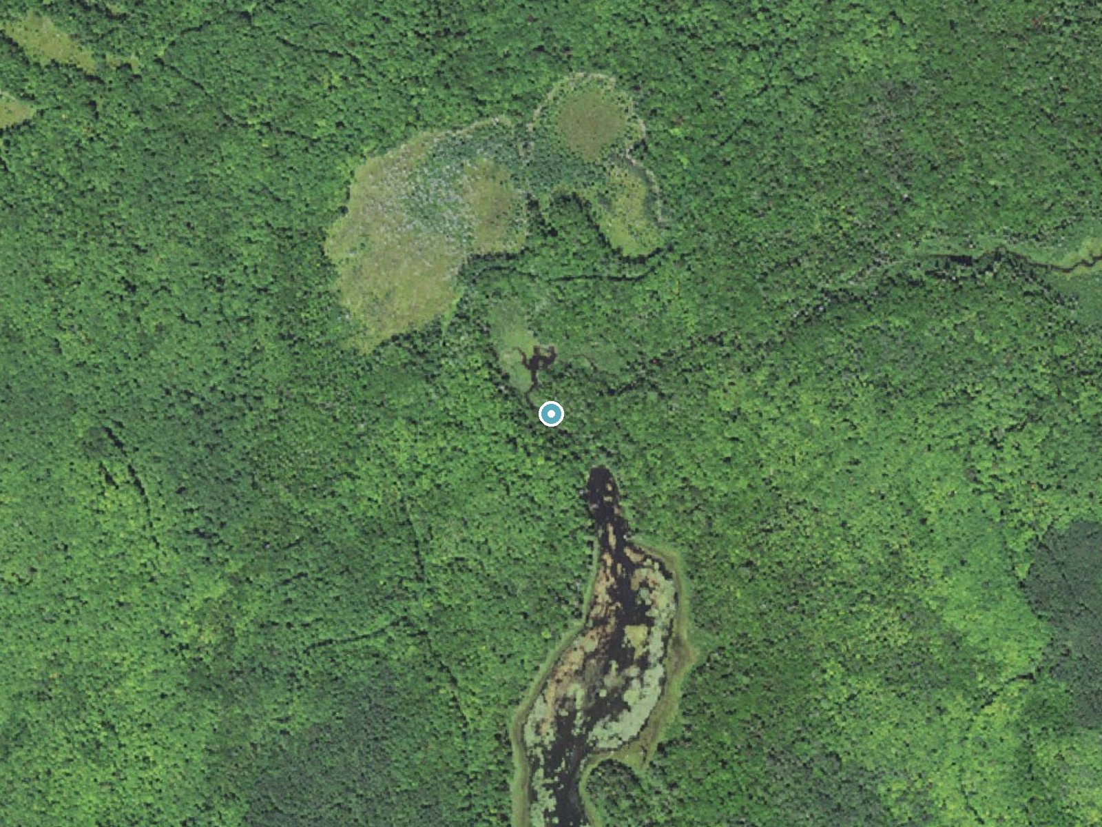 Aerial view of the ground around Ajibikika Falls near Watersmeet, Michigan