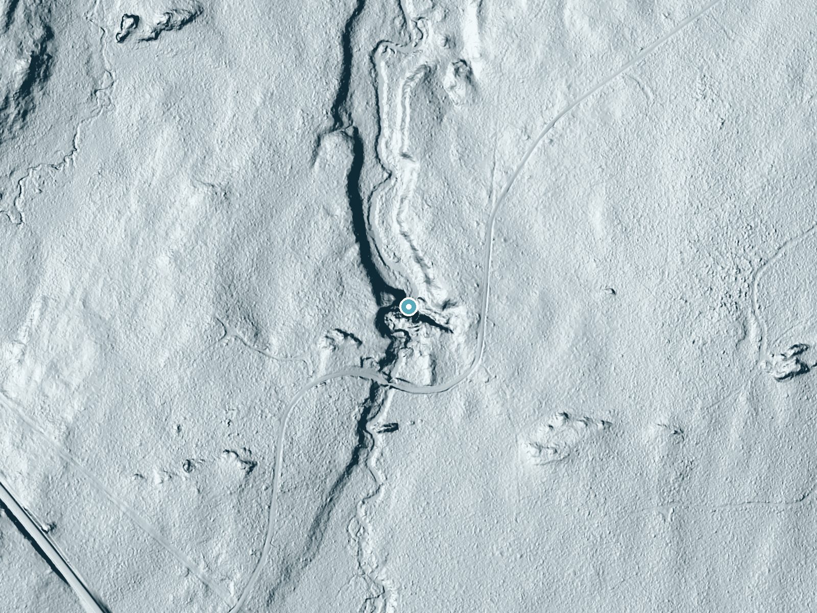 LiDAR bare-earth terrain around Kakabika Falls near Marenisco, Michigan, showing about 53 feet of drop, a steep tiered drop, facing north