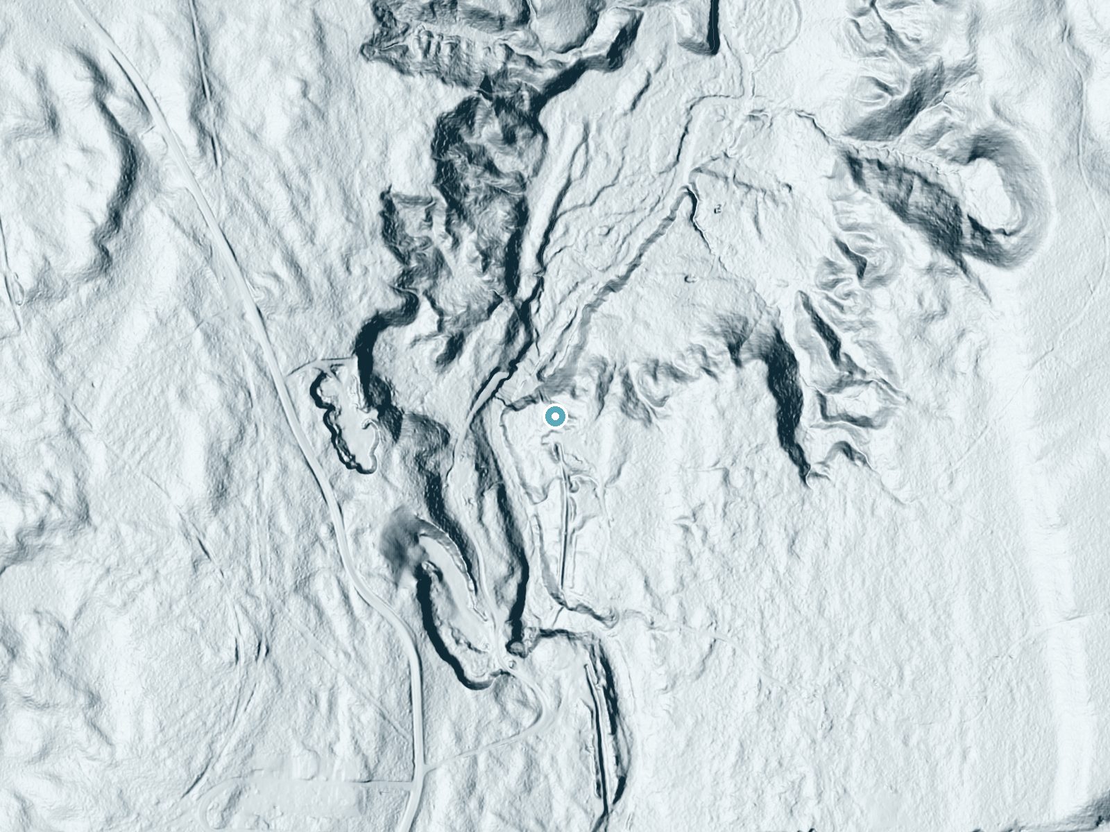 LiDAR bare-earth terrain around Au Train Falls near Chatham, Michigan, showing about 101 feet of drop, a steep tiered drop, facing northwest
