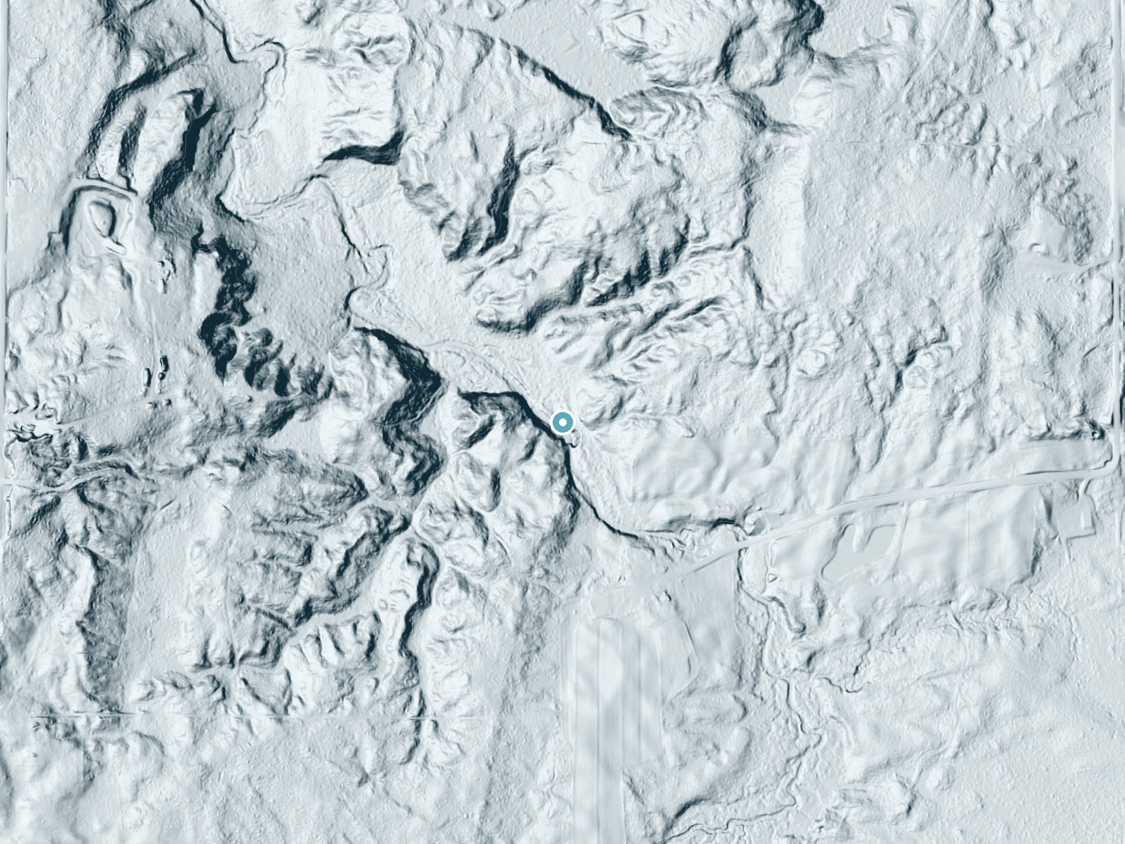 LiDAR bare-earth terrain around Upper Chocolay Falls near K. I. Sawyer, Michigan, showing about 47 feet of drop, a long cascade, facing northwest