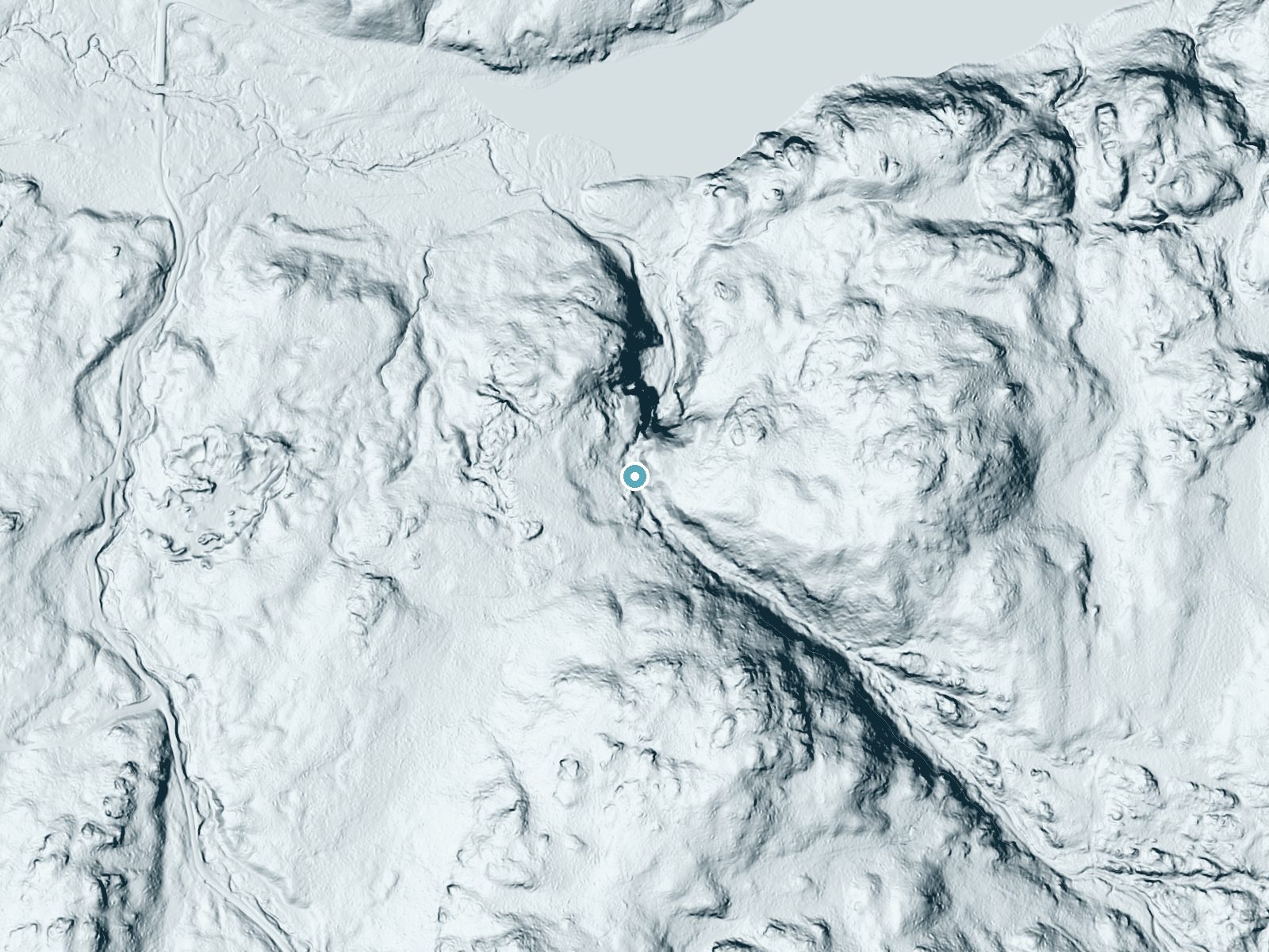 LiDAR bare-earth terrain around Morgan Falls near Marengo, Wisconsin, showing about 120 feet of drop, a long cascade, facing north