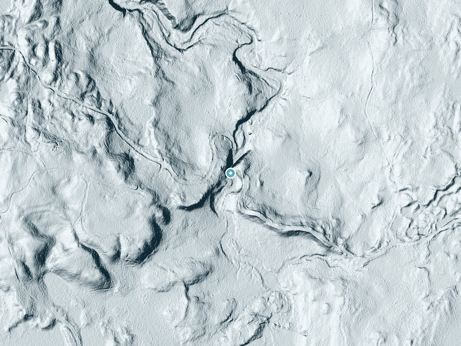 LiDAR bare-earth terrain around Spring Camp Falls near Montreal, Wisconsin, showing about 56 feet of drop, a long cascade, facing northeast