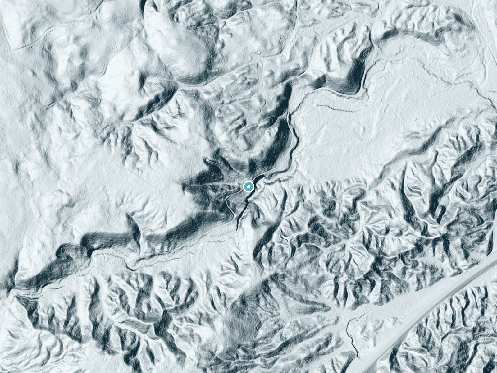 LiDAR bare-earth terrain around Froling Falls near K. I. Sawyer, Michigan, showing about 118 feet of drop, a long cascade, facing southeast