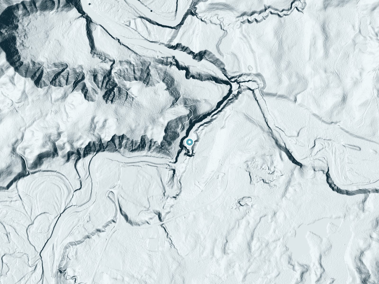 LiDAR bare-earth terrain around Copper Falls near Mellen, Wisconsin, showing about 113 feet of drop, a steep tiered drop, facing east