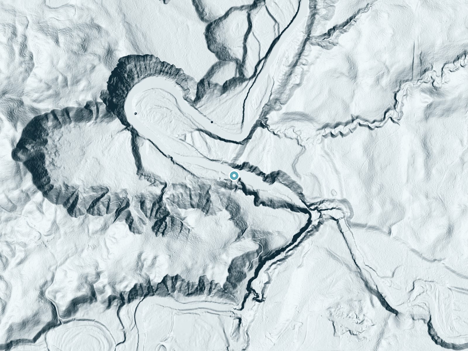 LiDAR bare-earth terrain around Brownstone Falls near Mellen, Wisconsin, showing about 98 feet of drop, a steep tiered drop, facing northwest