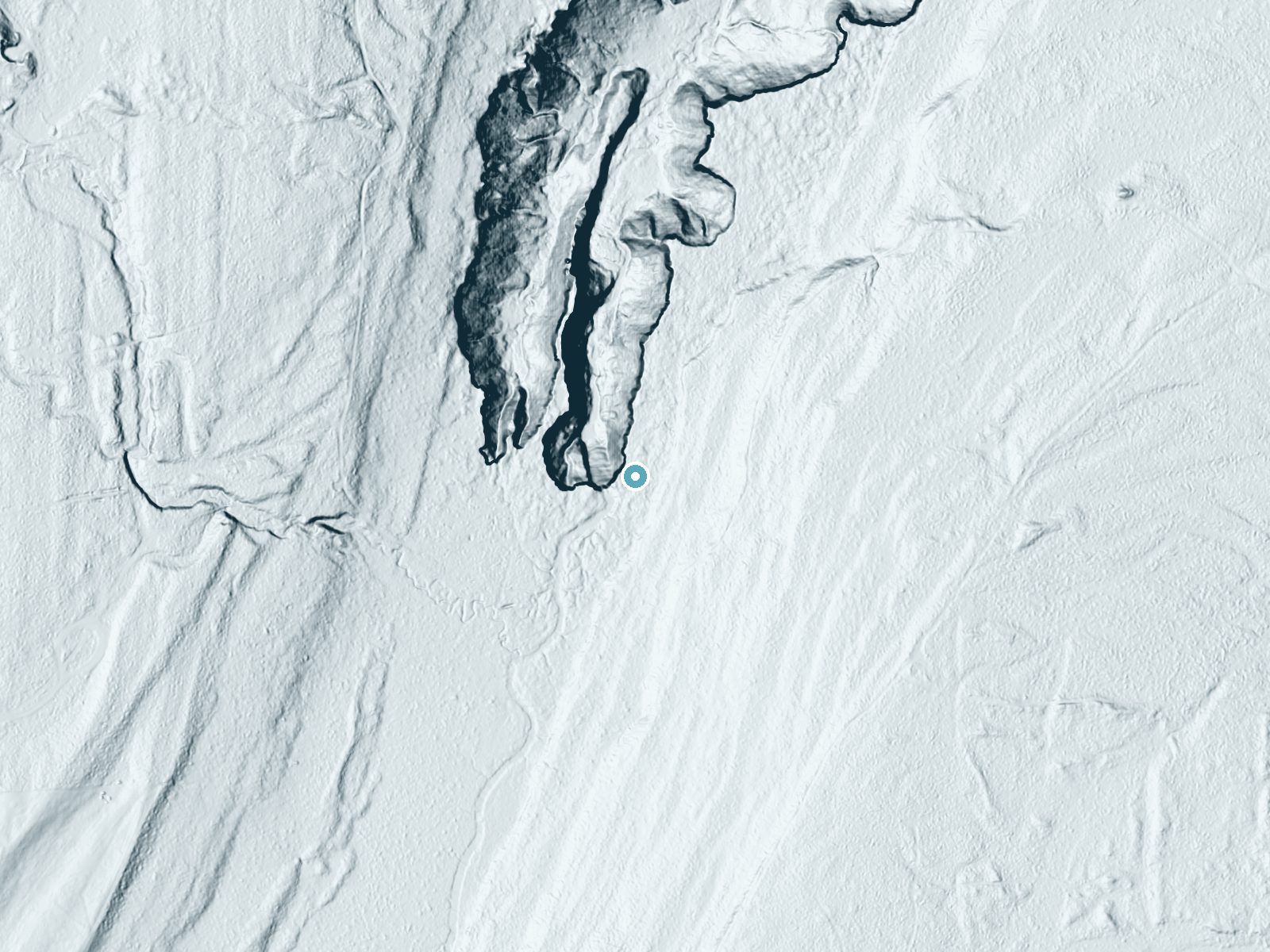 LiDAR bare-earth terrain around Laughing Whitefish Falls near Chatham, Michigan, showing about 111 feet of drop, a steep tiered drop, facing northwest