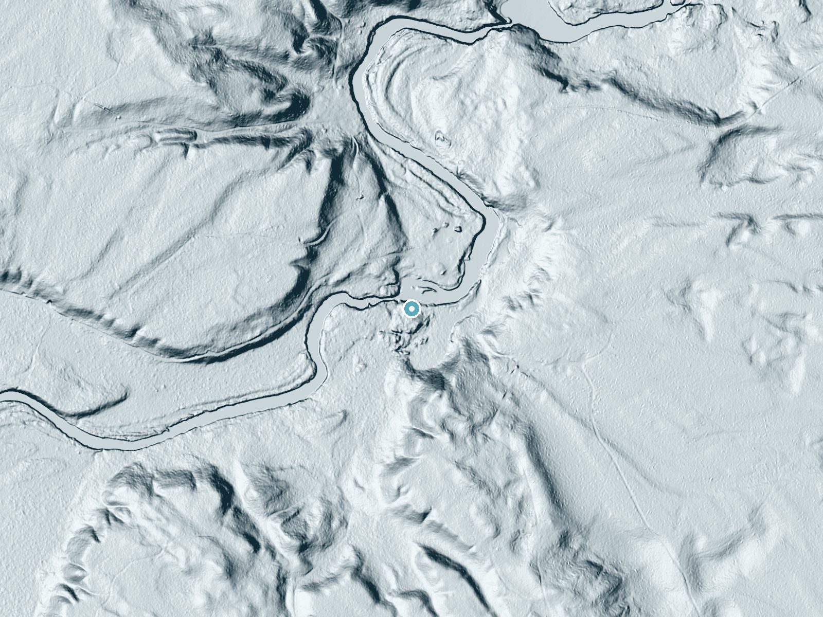LiDAR bare-earth terrain around White City Falls near West Ishpeming, Michigan, showing about 25 feet of drop, a long cascade, facing northeast