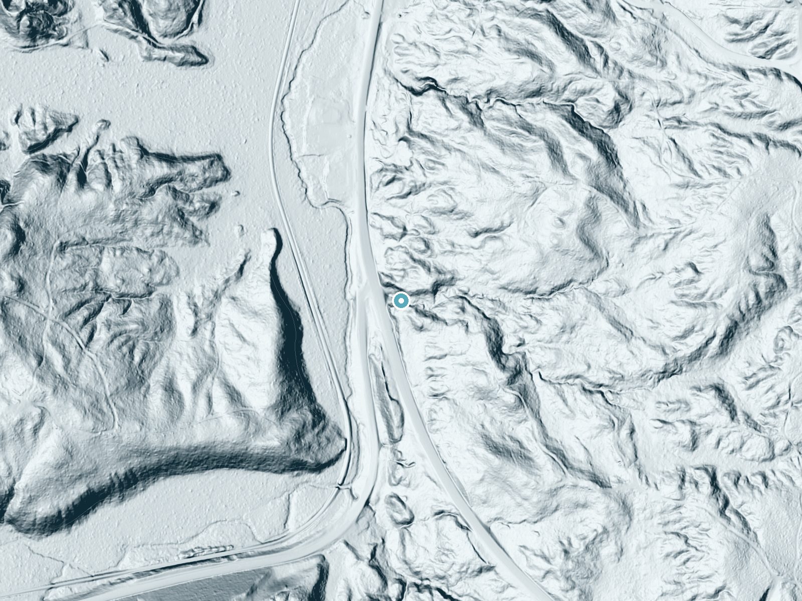 LiDAR bare-earth terrain around Alger Falls near Munising, Michigan, showing about 85 feet of drop, a long cascade, facing west