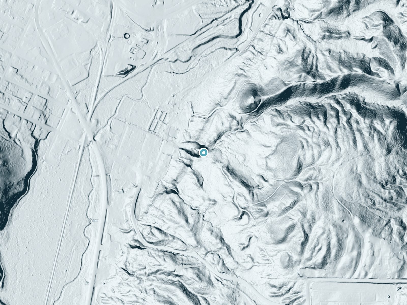 LiDAR bare-earth terrain around Horseshoe Falls near Munising, Michigan, showing about 116 feet of drop, a steep tiered drop, facing northwest
