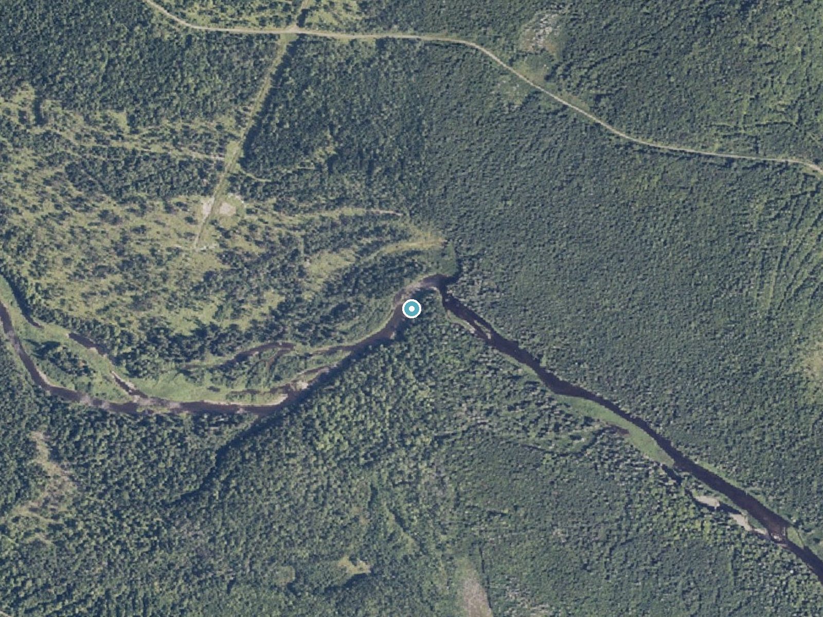 Aerial photo of the same ground around Boars Head Falls near Patten, Maine, for comparison with the lidar view