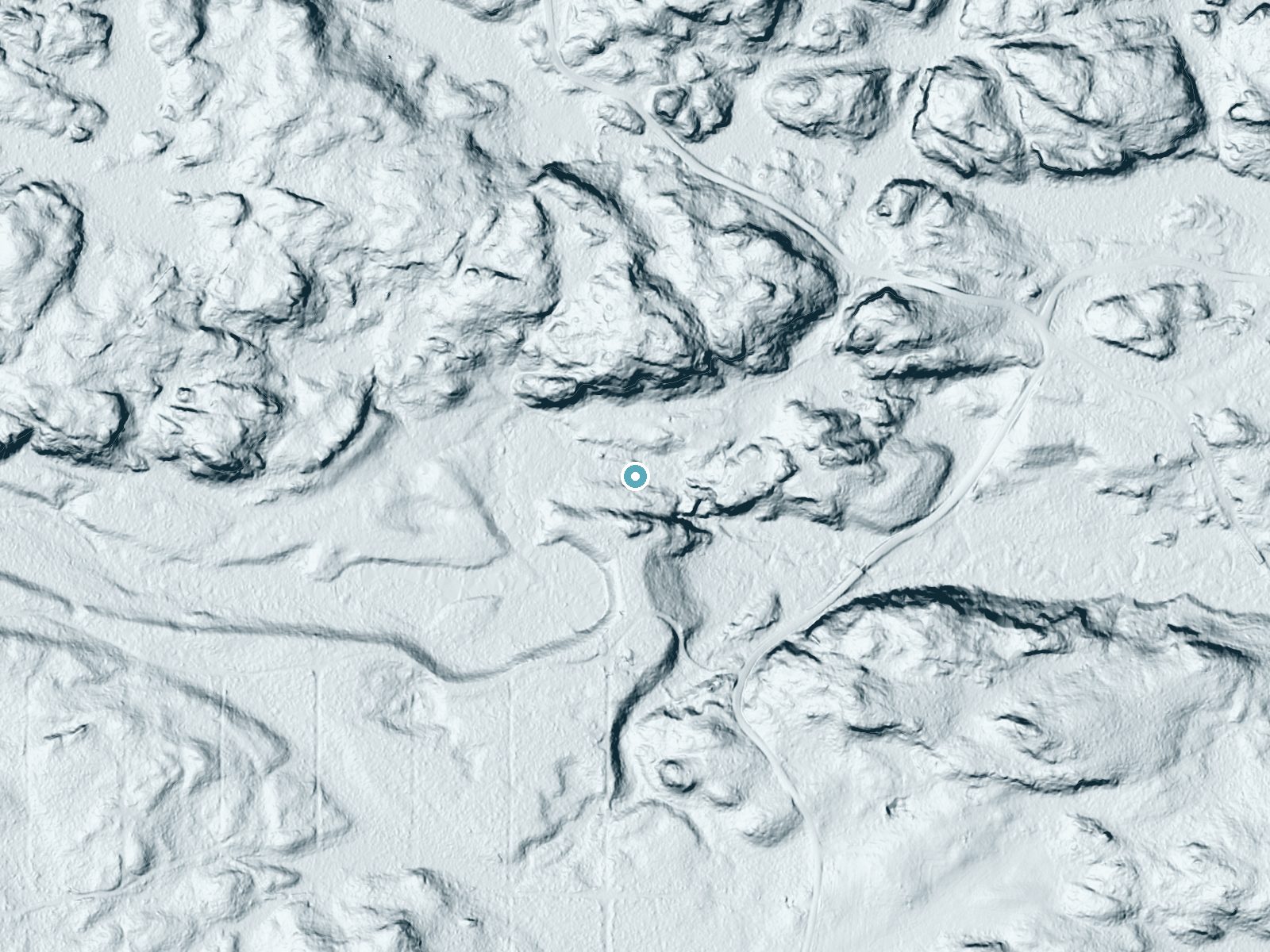 LiDAR bare-earth terrain around Schweitzer Falls near Palmer, Michigan, showing about 50 feet of drop, a long cascade, facing north