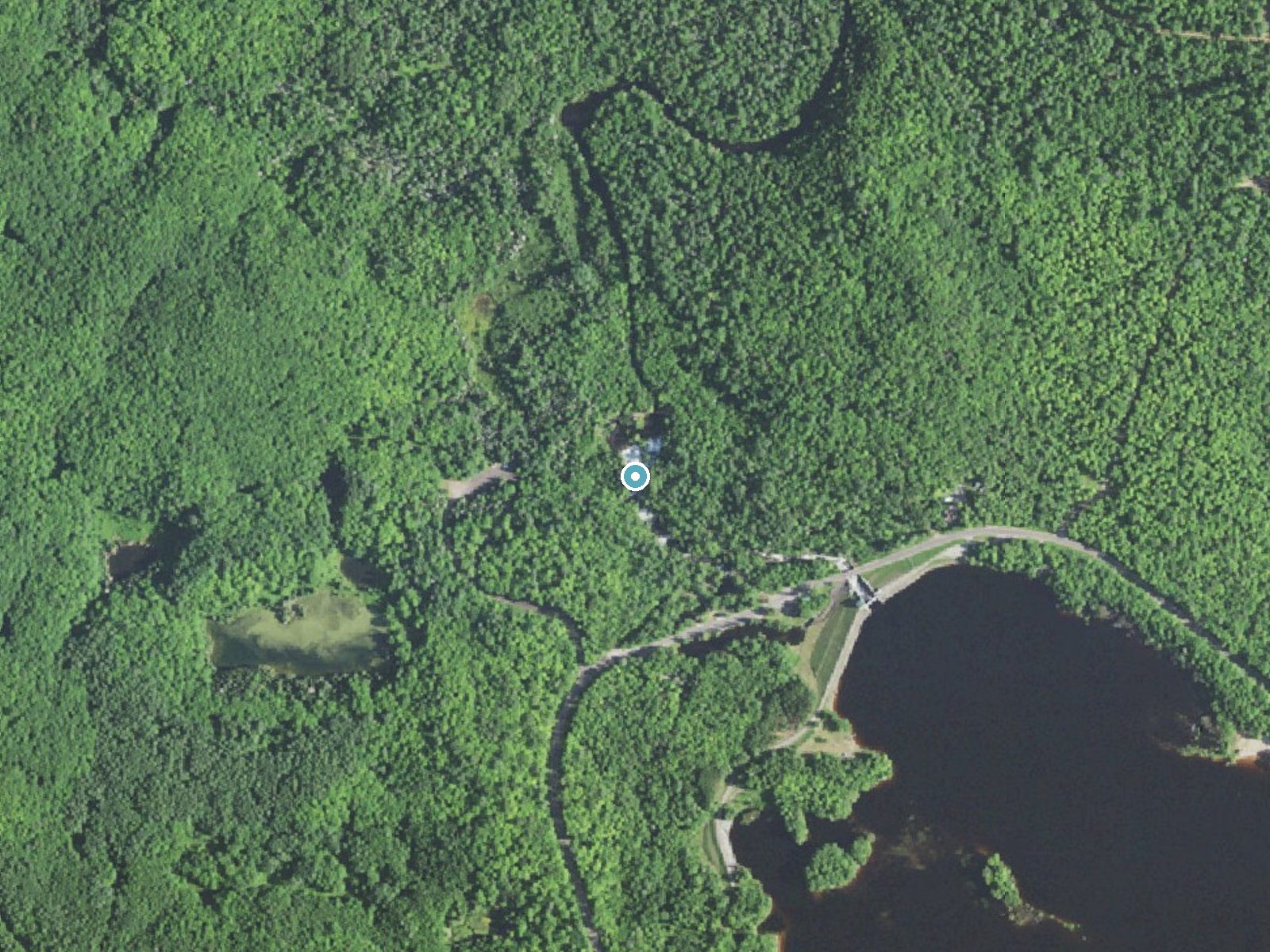 Aerial photo of the same ground around Bond Falls near Bruce Crossing, Michigan, for comparison with the lidar view