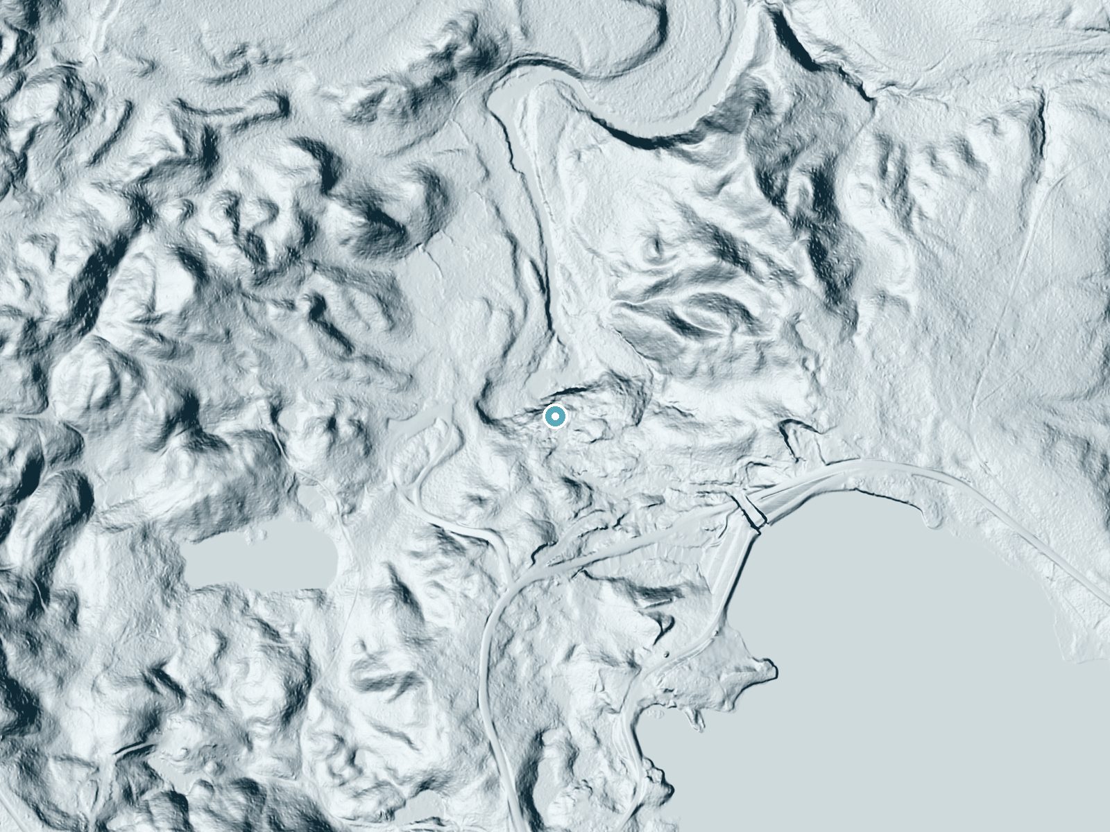 LiDAR bare-earth terrain around Bond Falls near Bruce Crossing, Michigan, showing about 68 feet of drop, a steep tiered drop, facing northwest