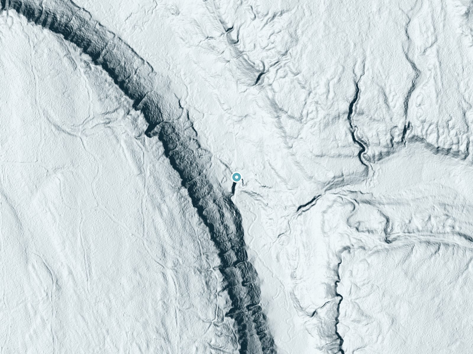 LiDAR bare-earth terrain around Rock River Falls near Chatham, Michigan, showing about 44 feet of drop, a long cascade, facing south