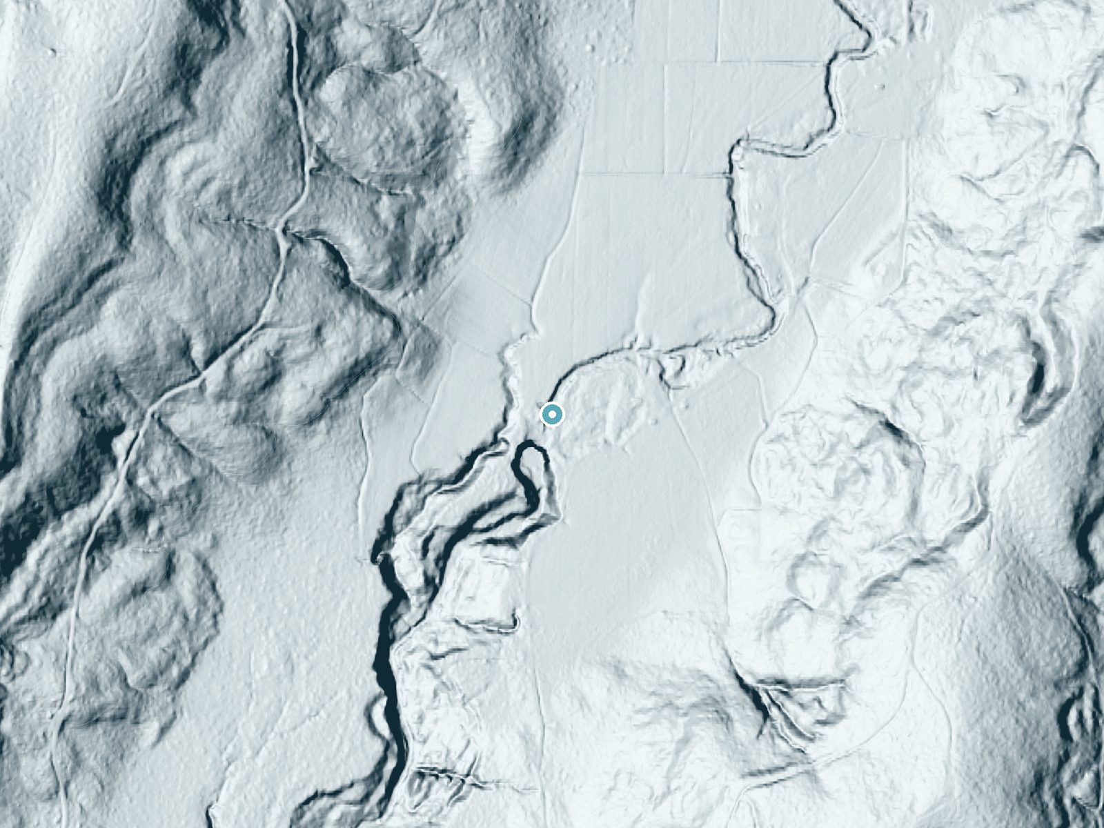 LiDAR bare-earth terrain around Cedar Creek Falls near Toledo, Washington, showing about 45 feet of drop, a long cascade, facing south