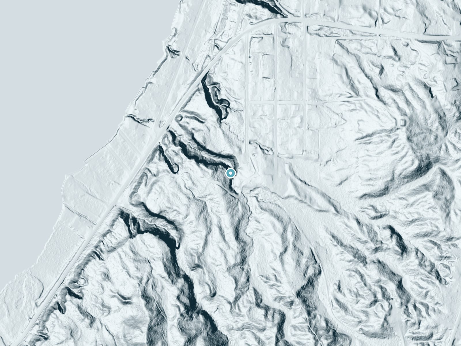 LiDAR bare-earth terrain around Tannery Falls near Munising, Michigan, showing about 111 feet of drop, a steep tiered drop, facing north