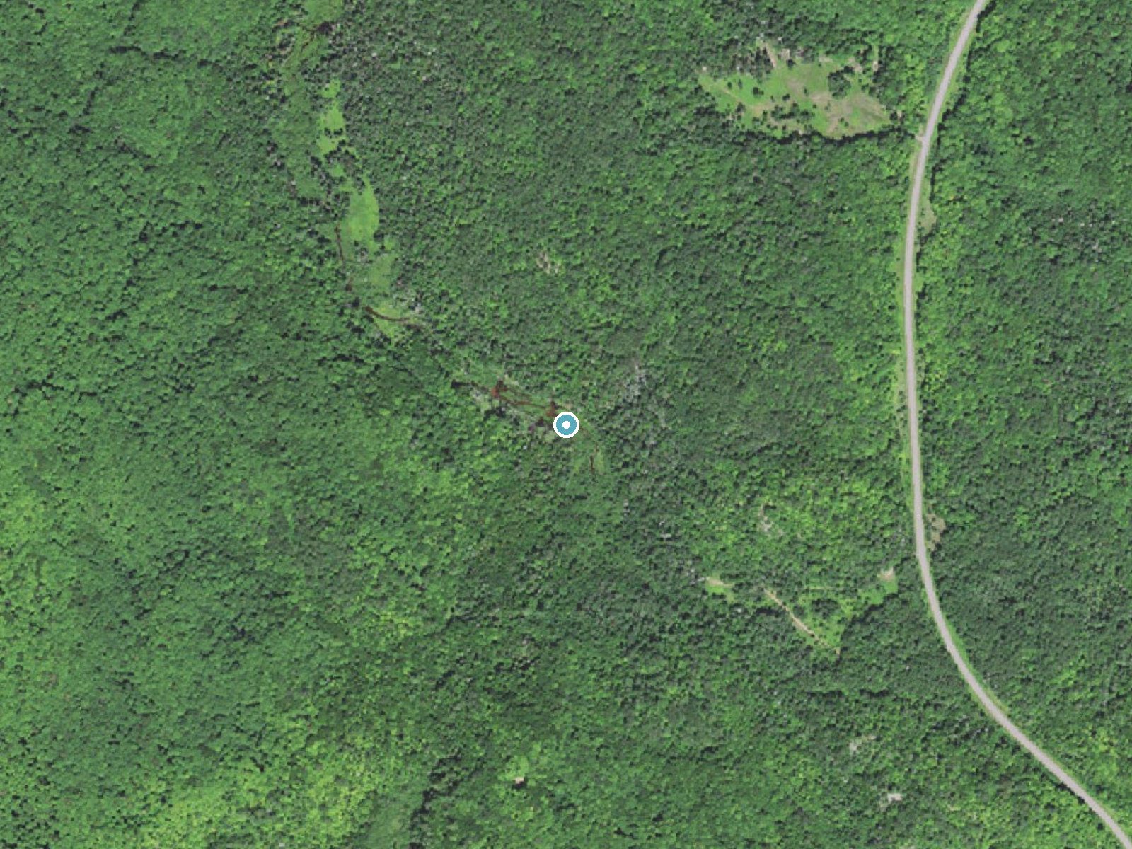 Aerial photo of the same ground around Upper East Tumbo River Falls near Bruce Crossing, Michigan, for comparison with the lidar view