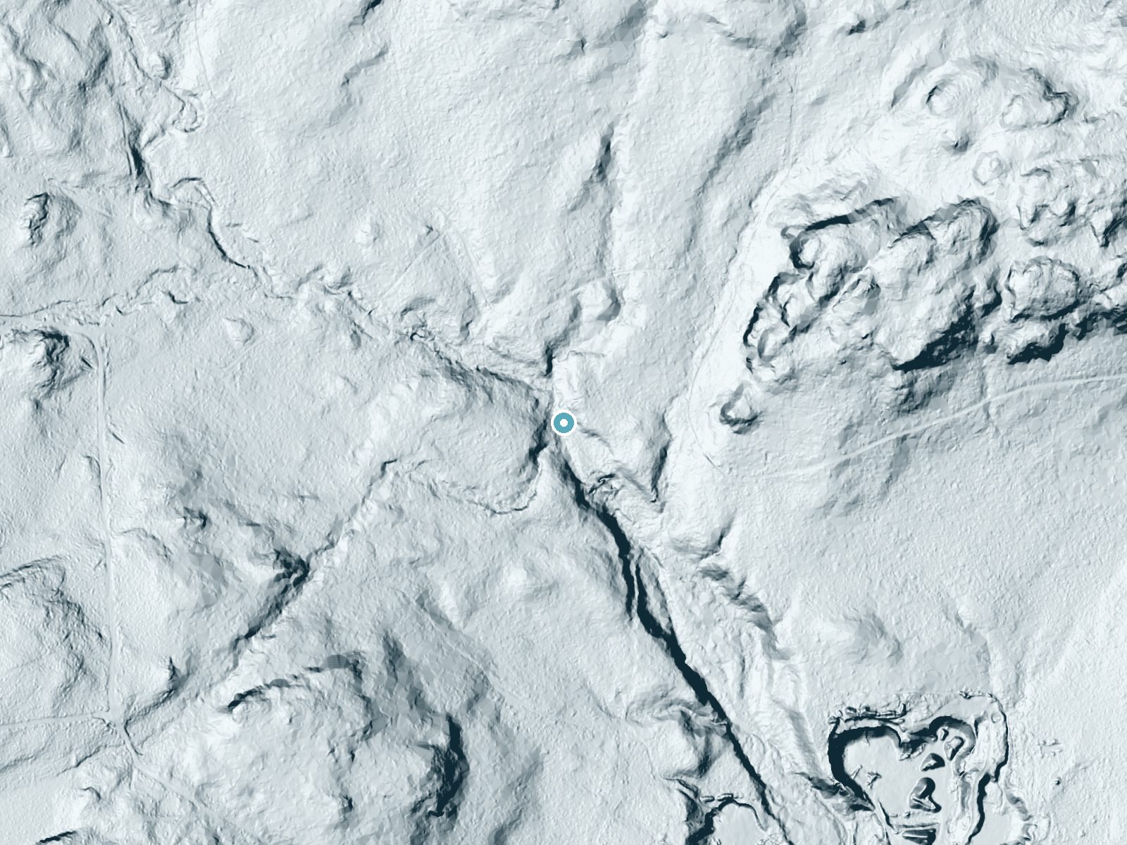 LiDAR bare-earth terrain around Marshall Falls near Marenisco, Michigan, showing about 42 feet of drop, a long cascade, facing south