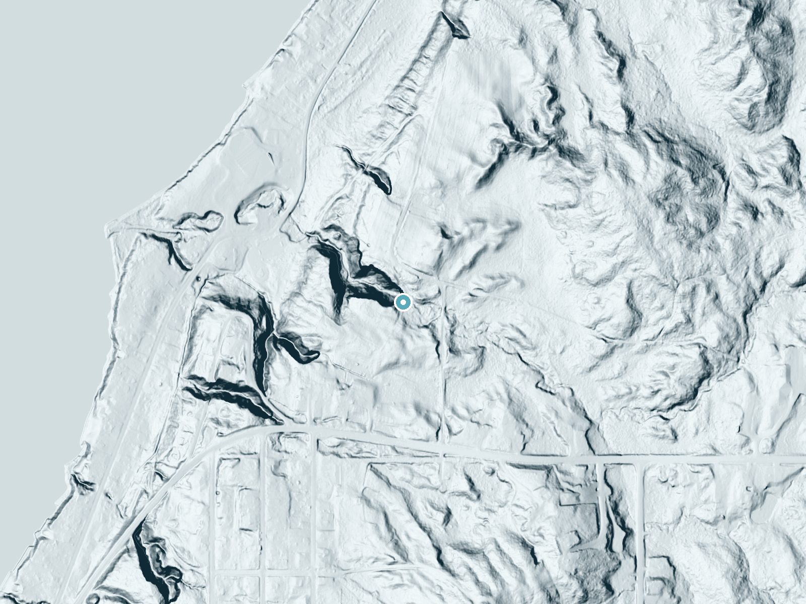LiDAR bare-earth terrain around Munising Falls near Munising, Michigan, showing about 101 feet of drop, a steep tiered drop, facing northwest