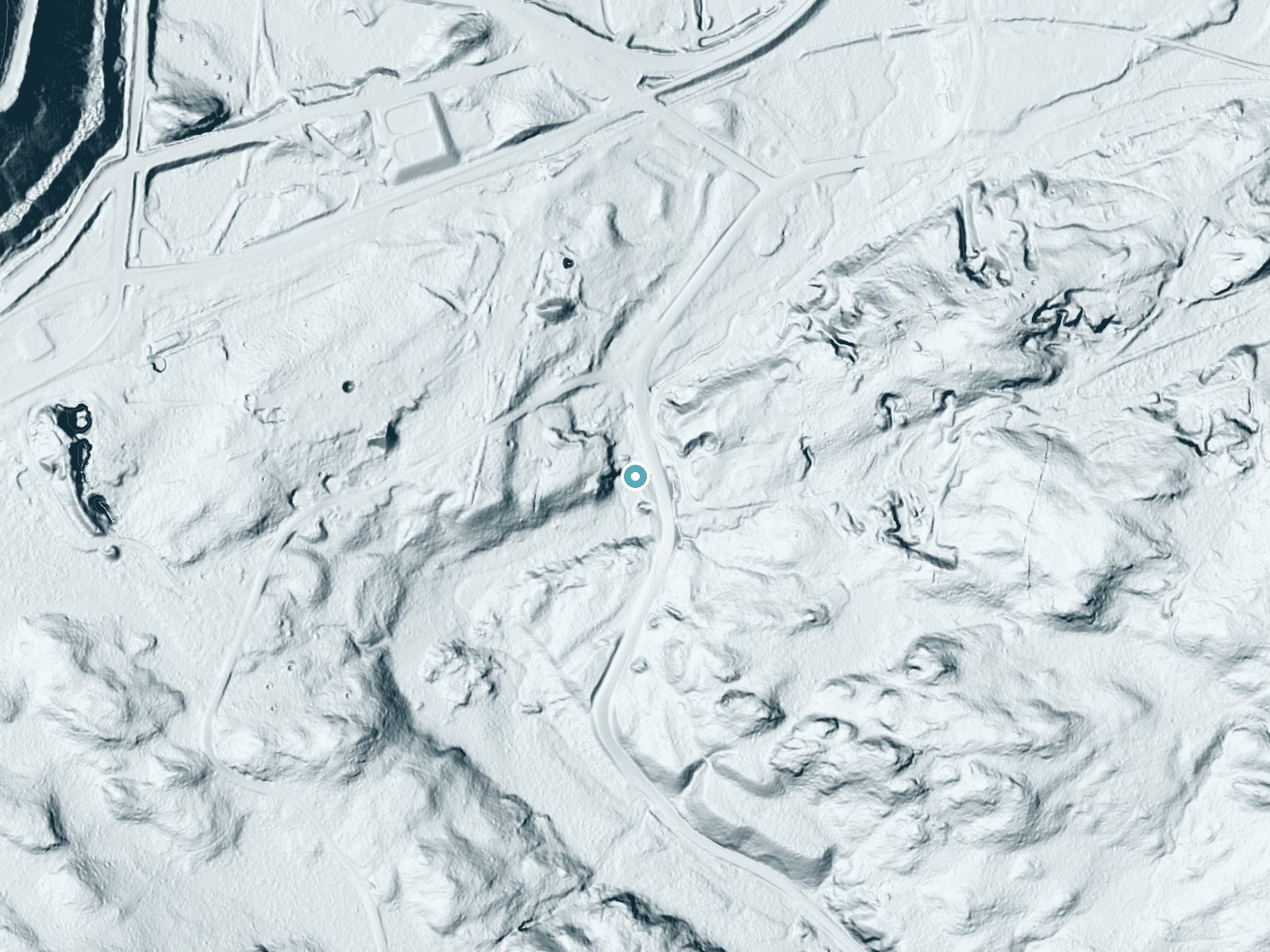 LiDAR bare-earth terrain around Warner Falls near Palmer, Michigan, showing about 68 feet of drop, a steep tiered drop, facing south