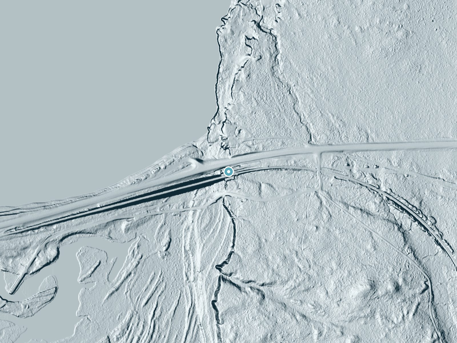 LiDAR bare-earth terrain around Scott Falls near Munising, Michigan, showing about 32 feet of drop, a long cascade, facing west