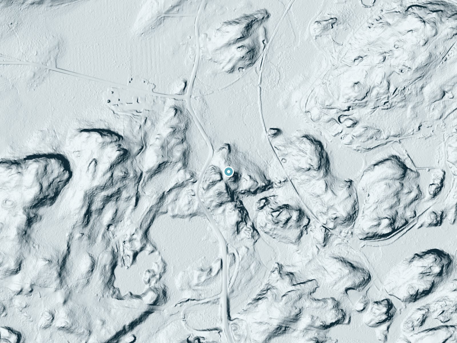 LiDAR bare-earth terrain around Ely Falls near Ishpeming, Michigan, showing about 56 feet of drop, a long cascade, facing northeast