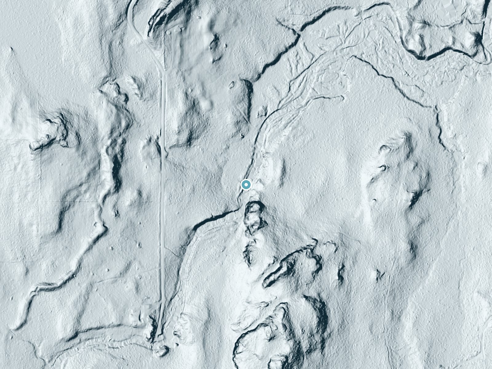 LiDAR bare-earth terrain around Granite Falls near Ramsay, Michigan, showing about 61 feet of drop, a long cascade, facing northwest