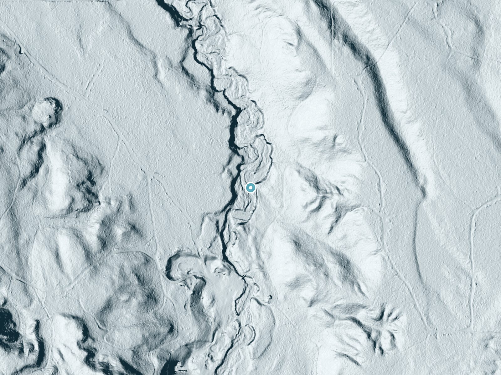 LiDAR bare-earth terrain around Jumbo Falls near Bruce Crossing, Michigan, showing about 33 feet of drop, a long cascade, facing north