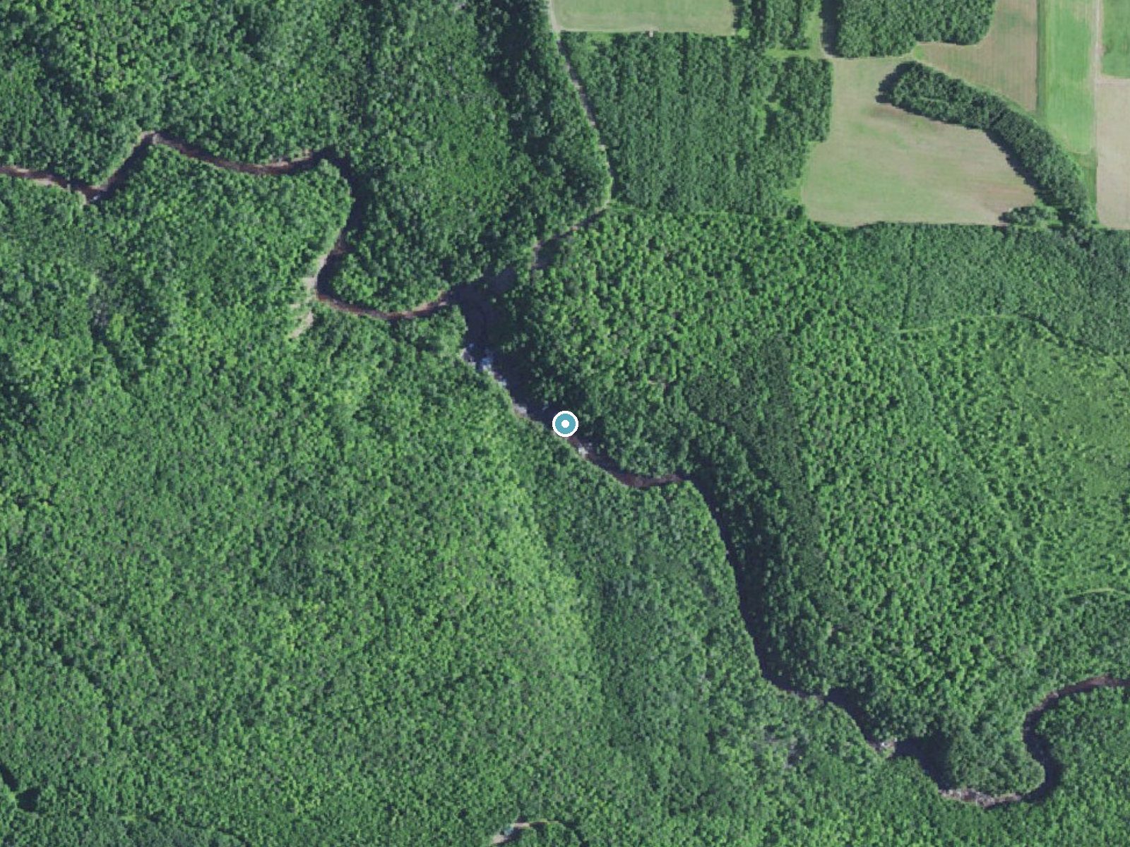 Aerial photo of the same ground around Potato River Falls near Birch Hill, Wisconsin, for comparison with the lidar view