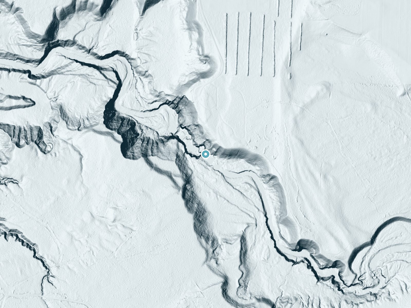 LiDAR bare-earth terrain around Potato River Falls near Birch Hill, Wisconsin, showing about 144 feet of drop, a steep tiered drop, facing southwest