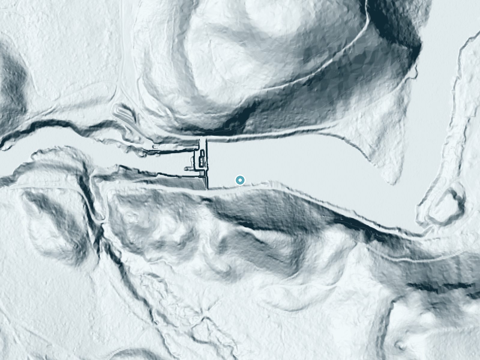 LiDAR bare-earth terrain around Cowlitz Falls near Morton, Washington, showing about 74 feet of drop, a steep tiered drop, facing north