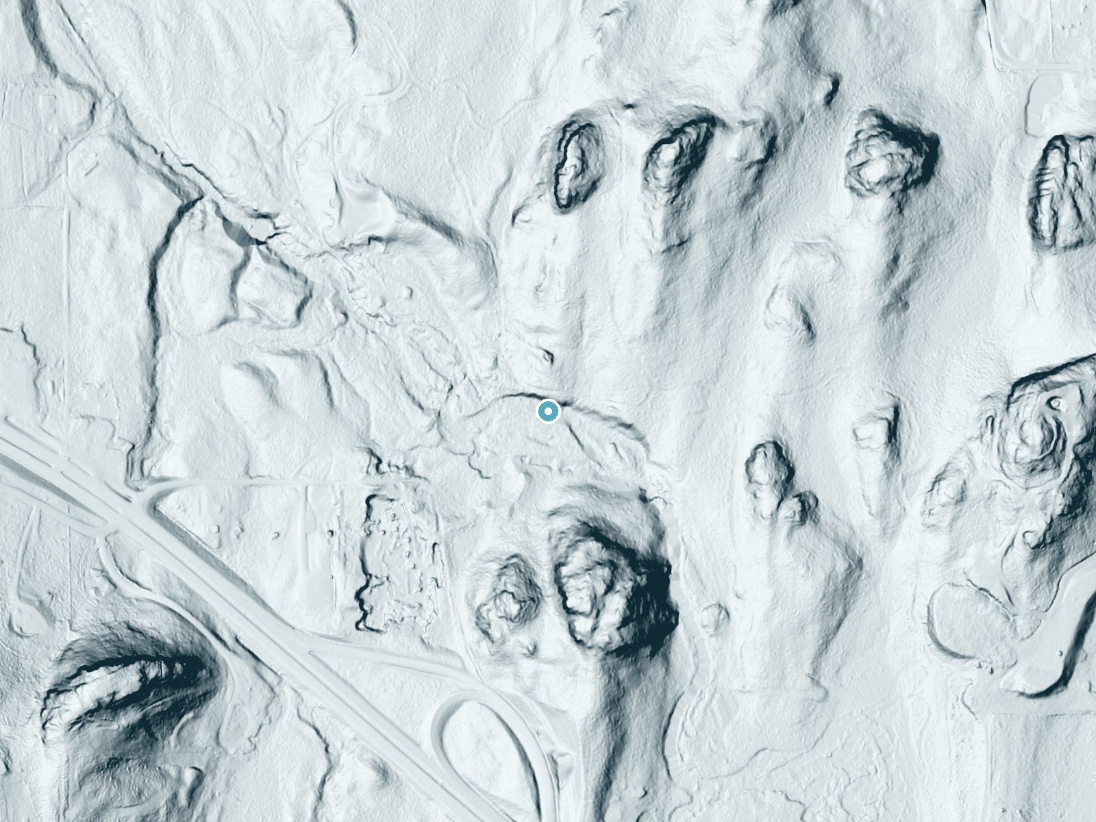 LiDAR bare-earth terrain around Peterson Falls near Hurley, Michigan, showing about 51 feet of drop, a long cascade, facing southwest