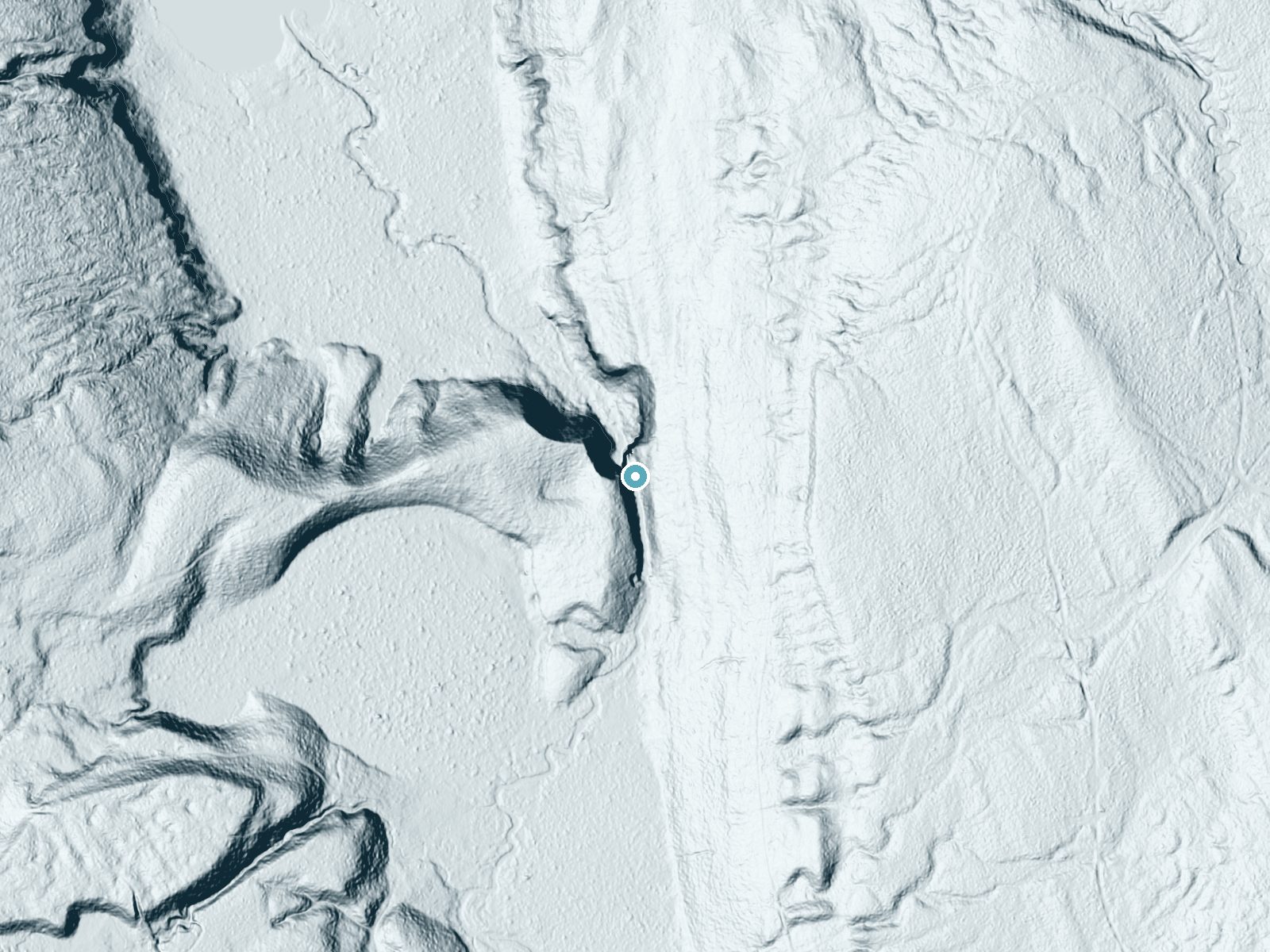 LiDAR bare-earth terrain around Miners Falls near Munising, Michigan, showing about 137 feet of drop, a steep tiered drop, facing northwest