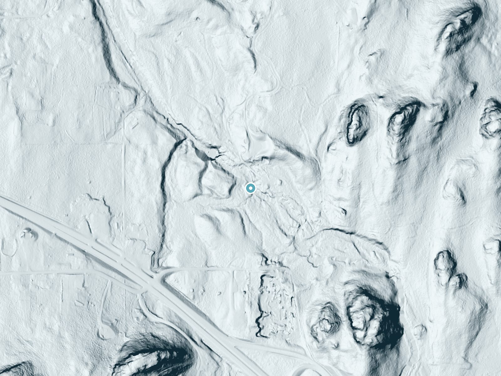 LiDAR bare-earth terrain around Interstate Falls near Hurley, Michigan, showing about 29 feet of drop, a long cascade, facing north